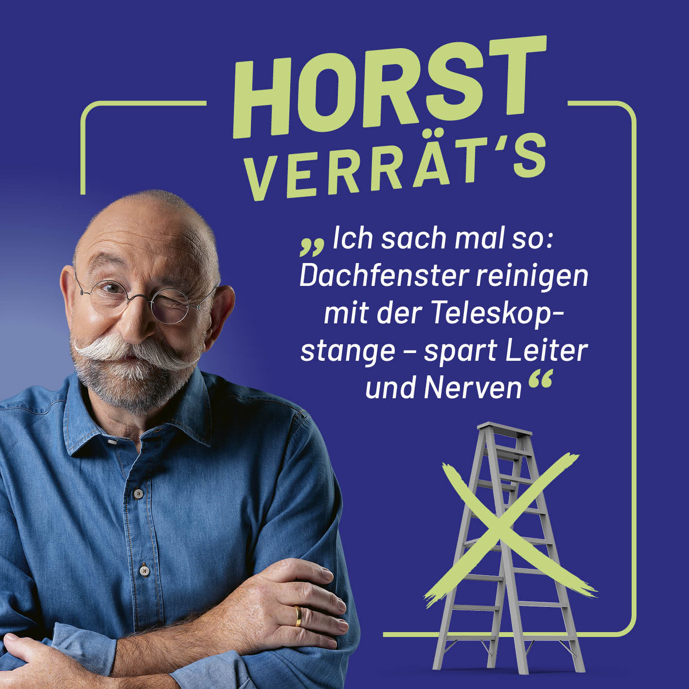Mann empfiehlt Fensterreiniger 3-in-1 mit Teleskopstange zum Dachfensterputzen ohne Leiter und Nervenstress.