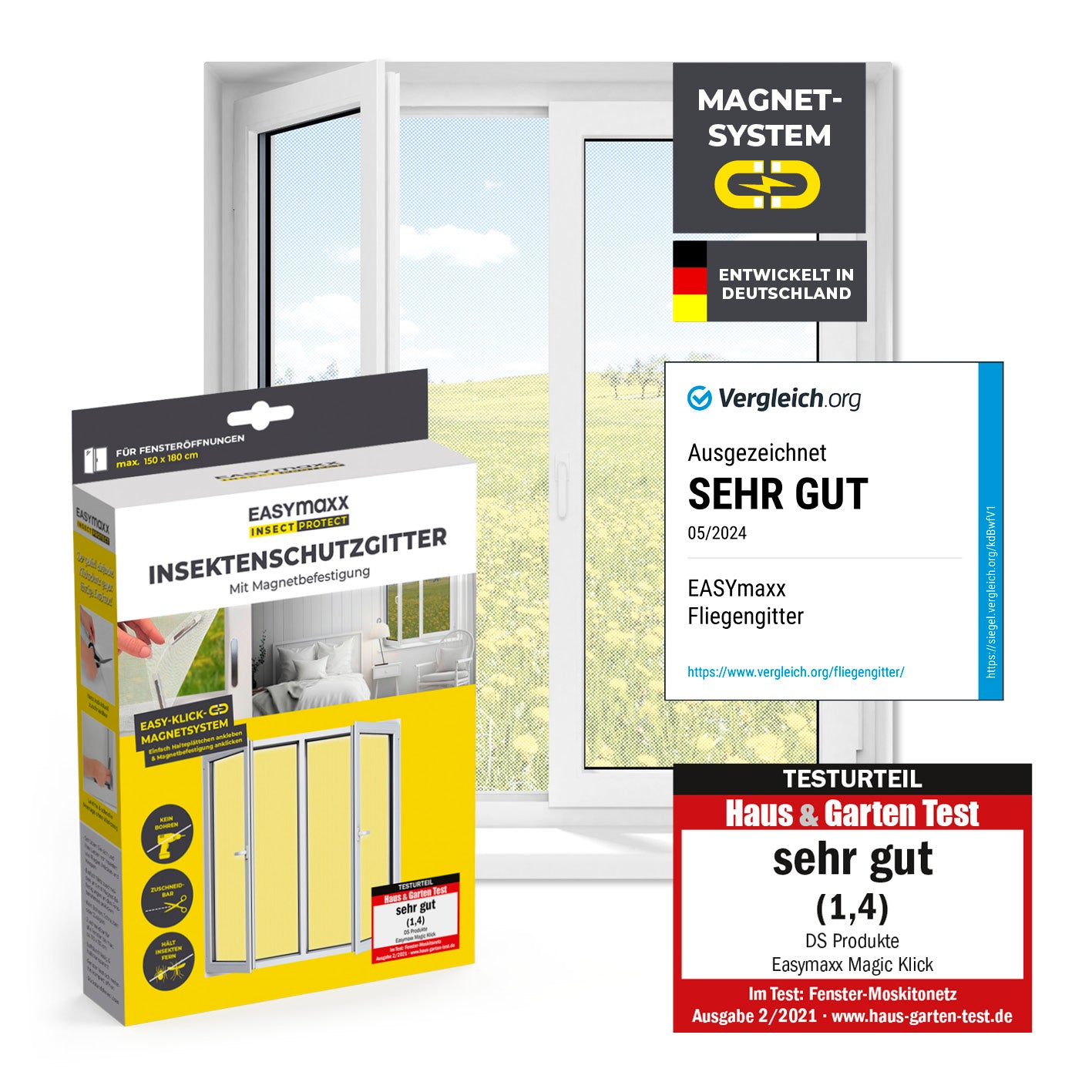 Insektenschutzgitter mit Magnetbefestigung - 150 x 180 cm - Weiß, Fliegennetz für Fenster, einfach montierbar, schützt zuverlässig vor Insekten.