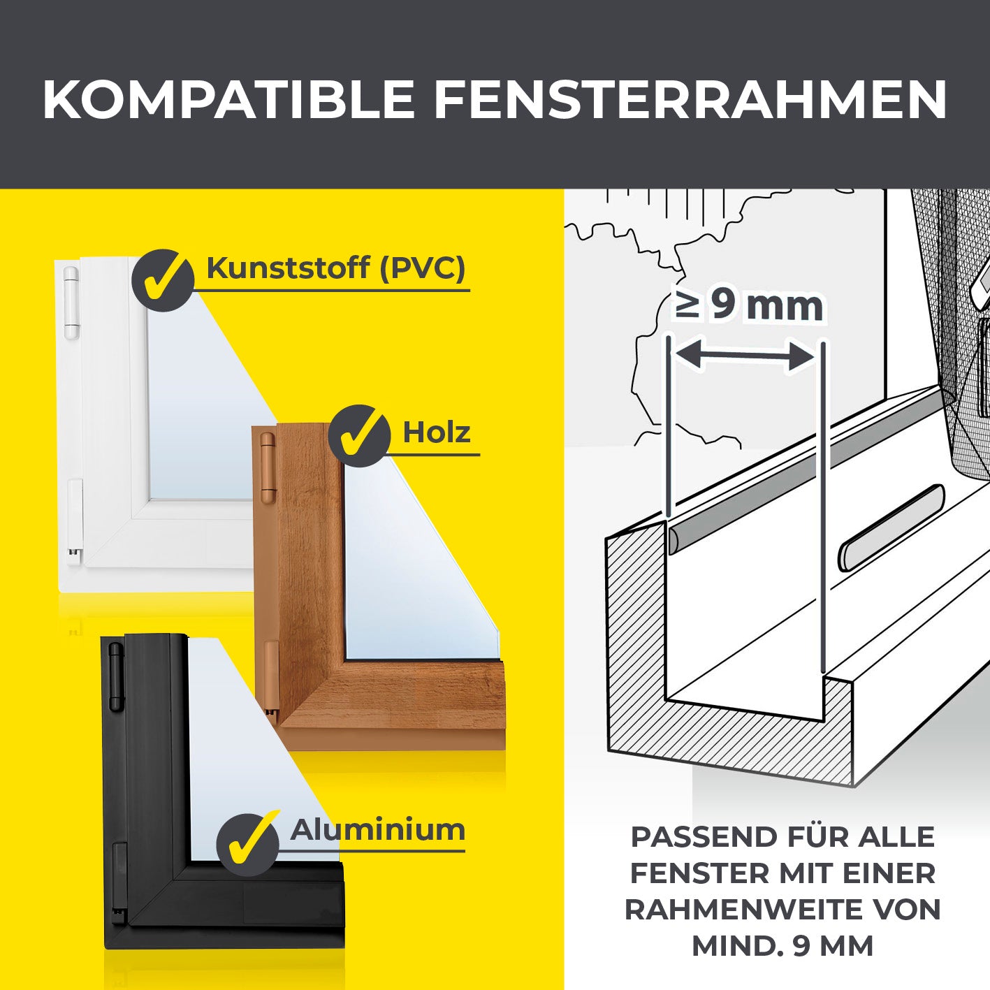 Insekten- & Pollenschutzgitter mit Magnetbefestigung 150x180 cm schwarz, kompatibel mit Kunststoff, Holz und Aluminiumfenstern ab 9 mm Rahmenbreite.