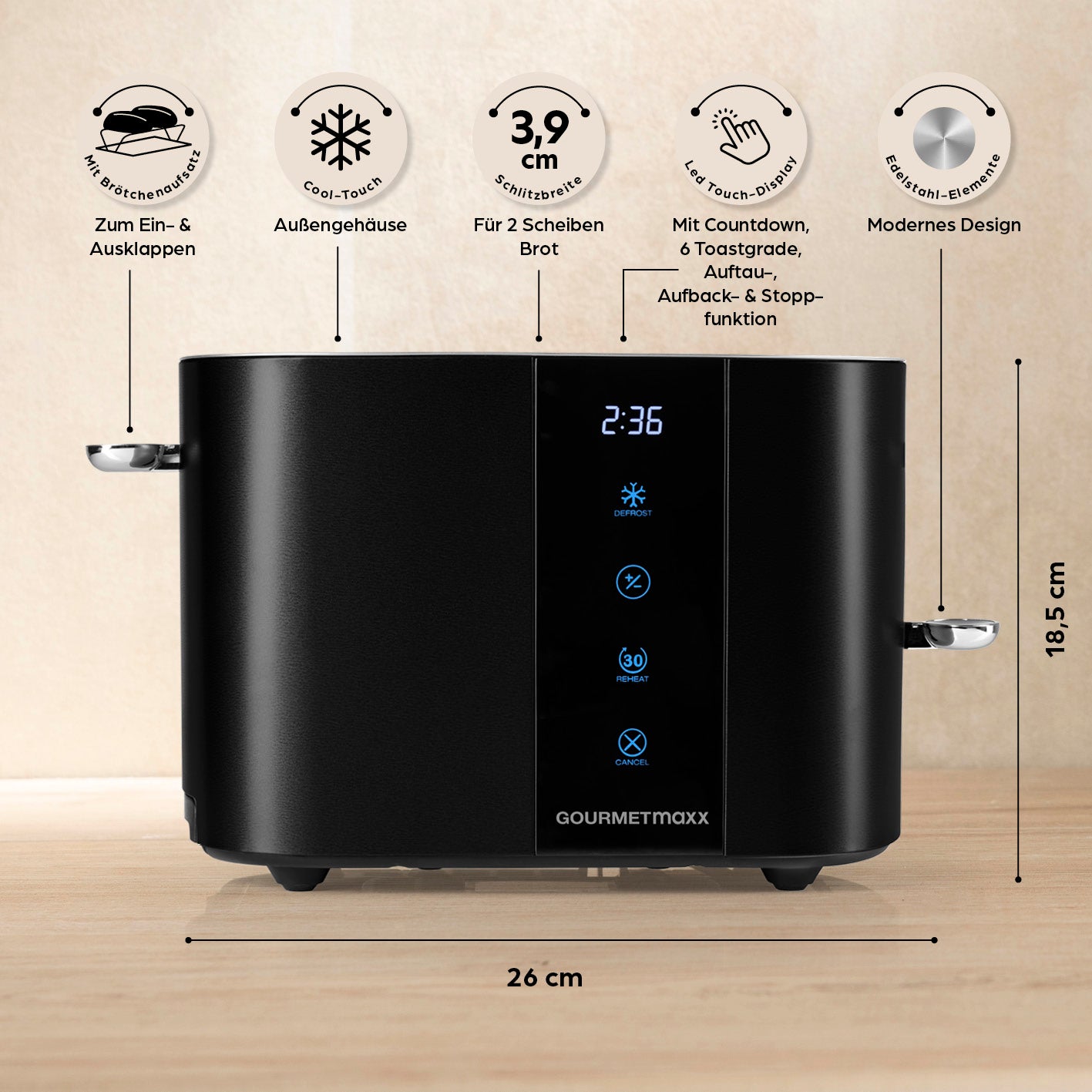 Toaster - Schwarz mit modernem Design, 2 Scheiben, Touch-Display, 6 Bräunungsgraden, Cool-Touch und Brötchenaufsatz.