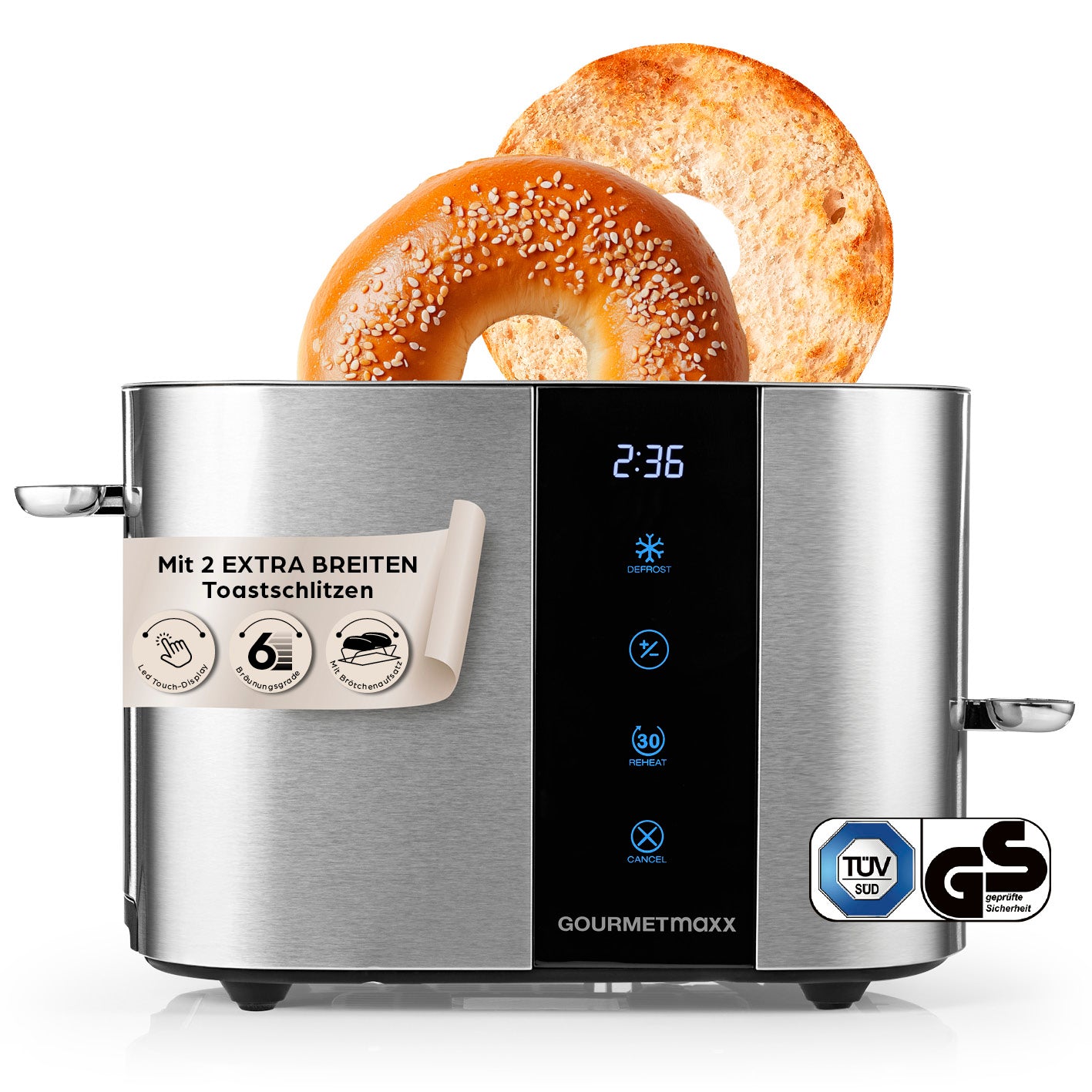 Toaster - Edelstahl mit 2 breiten Toastschlitzen, Touchdisplay und 6 Bräunungsgraden für perfekt gerösteten Toast.