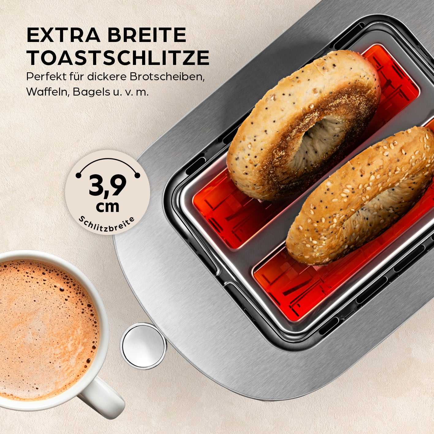 Toaster - Edelstahl mit extra breiten Toastschlitzen von 3,9 cm, ideal für dicke Brotscheiben, Bagels und mehr.