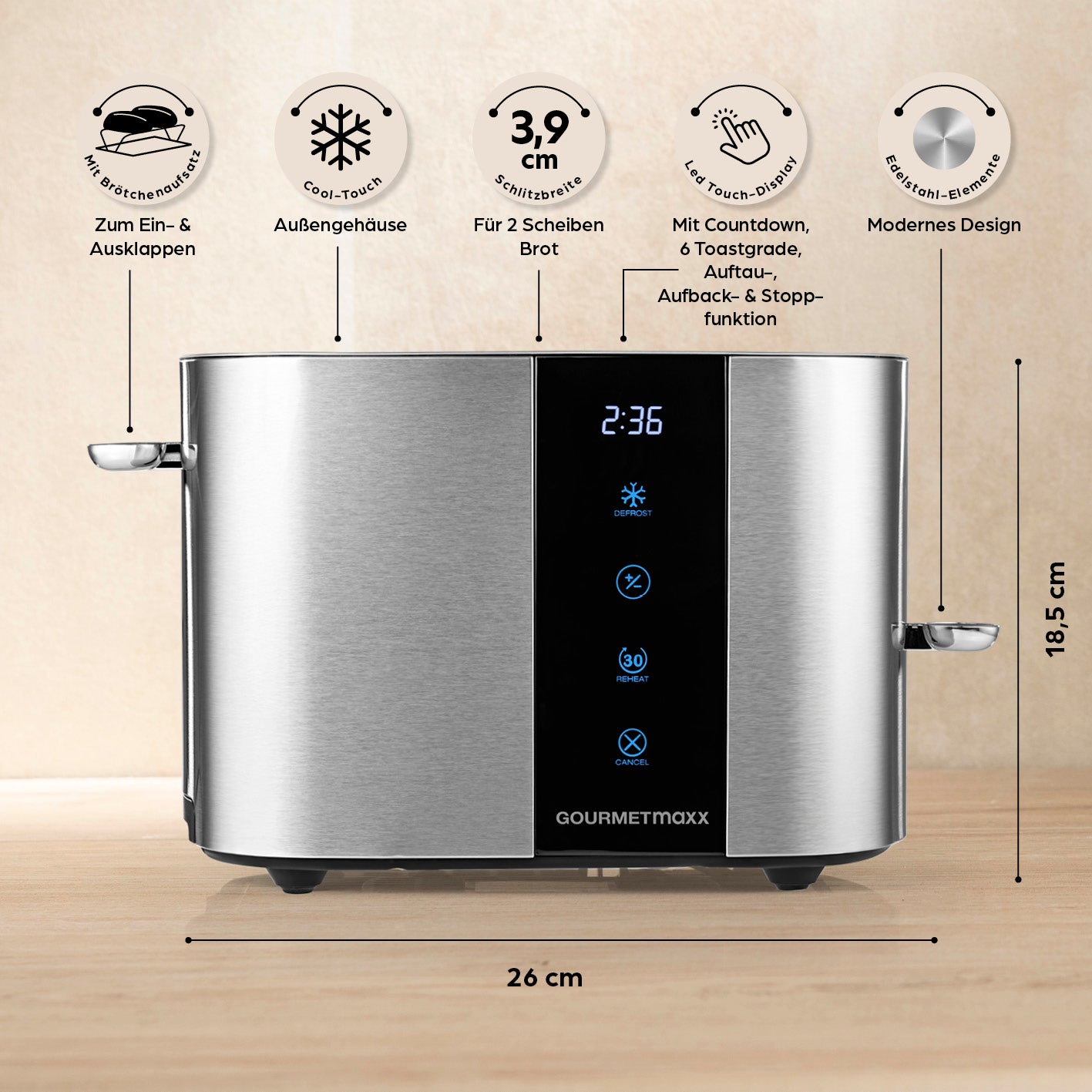 Toaster - Edelstahl mit 2 Toastscheiben, Touch-Display, 6 Bräunungsgraden, Countdown und modernem Design aus Edelstahl.