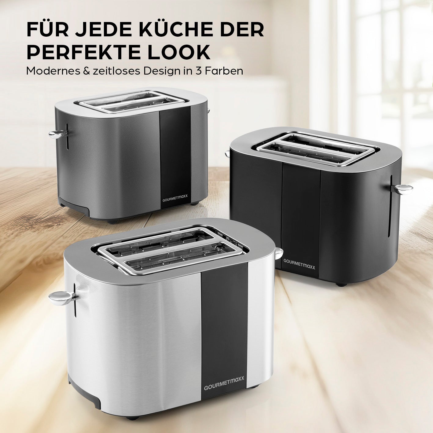 Toaster - Edelstahl in modernem Design, 2 Toastscheiben, 6 Bräunungsgrade, Touchdisplay, Brötchenaufsatz, Krümelschublade