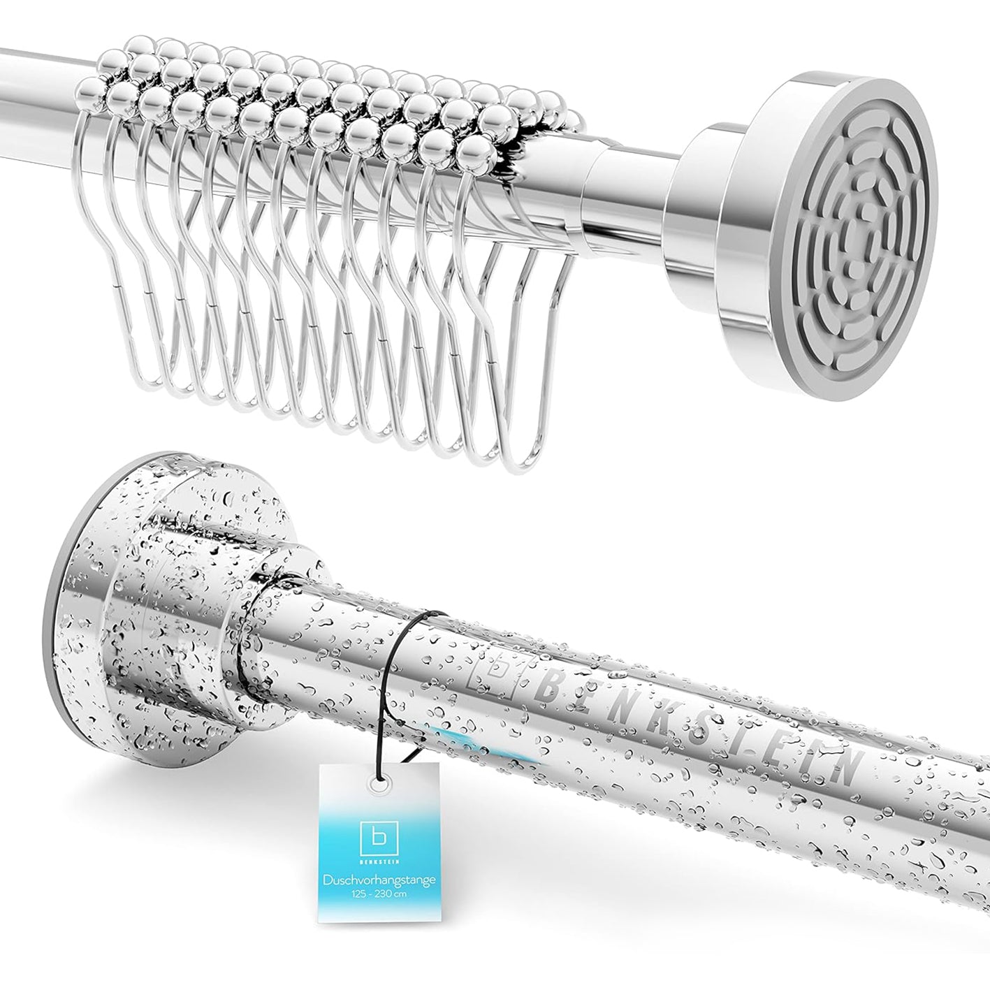 Duschvorhangstange - 125–220 cm, ausziehbar, Edelstahl, rostfrei, rutschfest, mit 12 Ringen, modern und einfach zu installieren.
