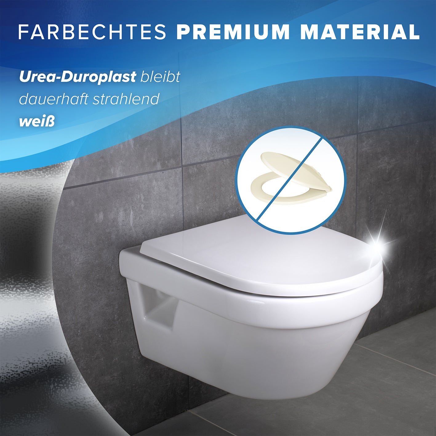 Premium Toilettendeckel - D-Form - Weiß zeigt farbtreues Material, dauerhaft strahlend weiß, Bild 5 im quadratischen Format 1417x1417.
