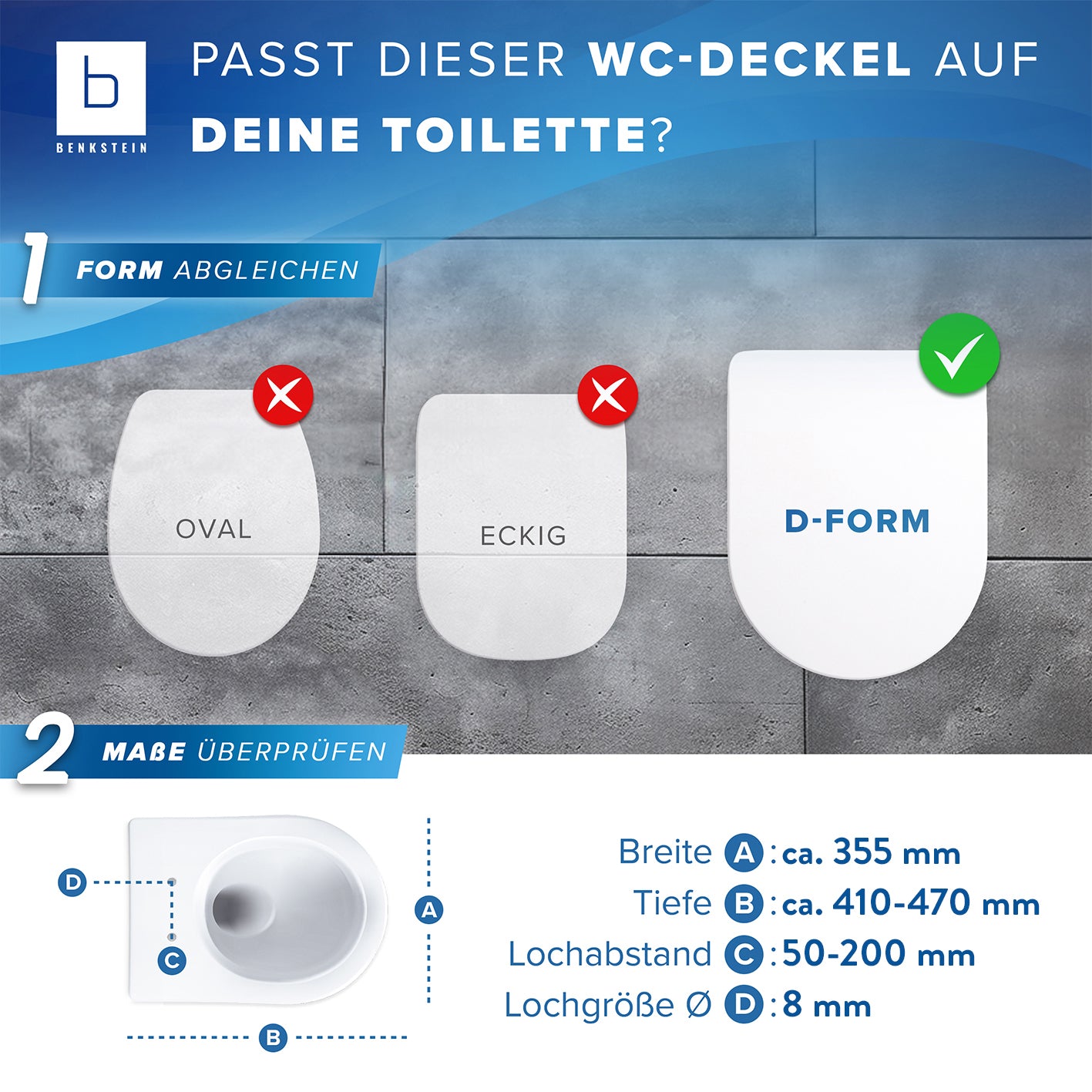 Premium Toilettendeckel - D-Form - Weiß, Galerie 9, quadratisch 1417x1417, mit Maßen und Formvergleich für passenden WC-Deckel.