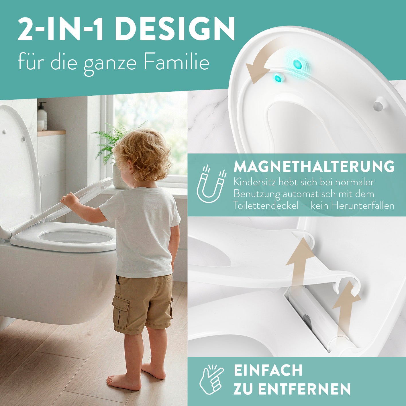Kinder-Toilettendeckel - Weiß mit praktischem 2-in-1-Design, magnetischer Kindersitz-Halterung und leichter Abnahme für die ganze Familie.