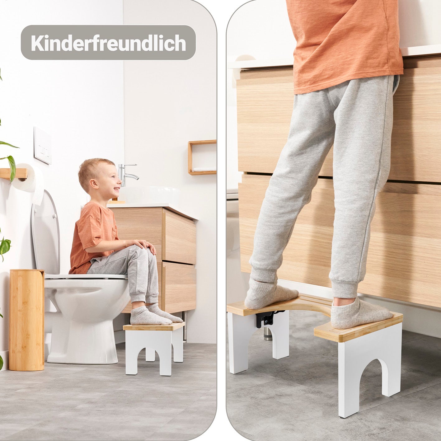 Bambus-Toilettenhocker mit rutschfester Oberfläche, kinderfreundlich für entspanntes und gesundes Sitzen auf der Toilette.