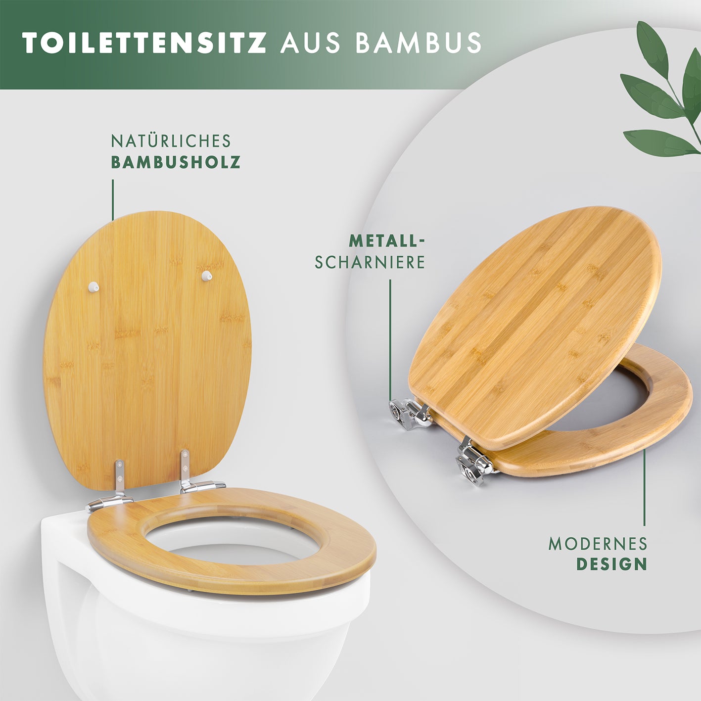 Premium Bambus-WC-Sitz - oval mit natürlichem Bambusholz, Metall-Scharnieren und modernem Design für Standard-WCs.