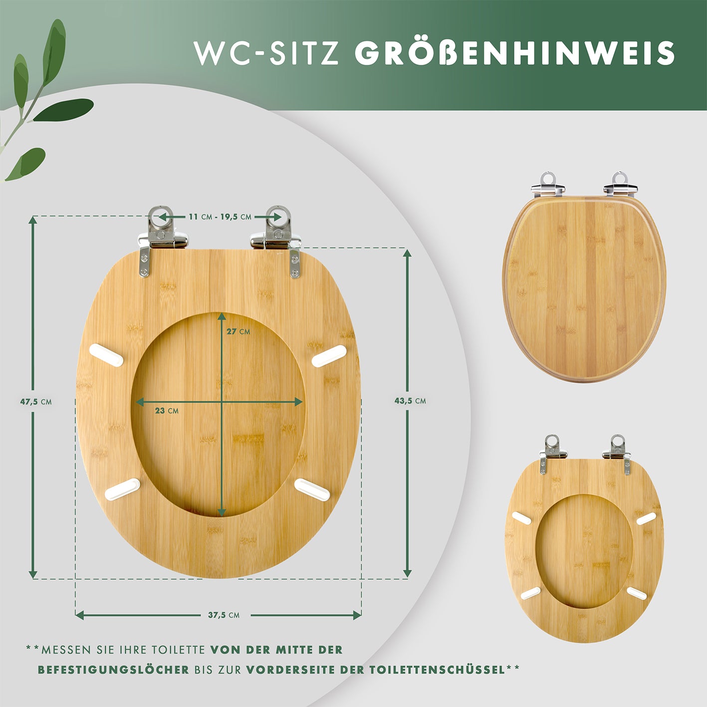 Premium Bambus-WC-Sitz - oval mit Maßen 43,5x37,5 cm, Holzoptik, montierbar für 98 % aller ovalen Toiletten, inklusive Befestigungsmöglichkeit.