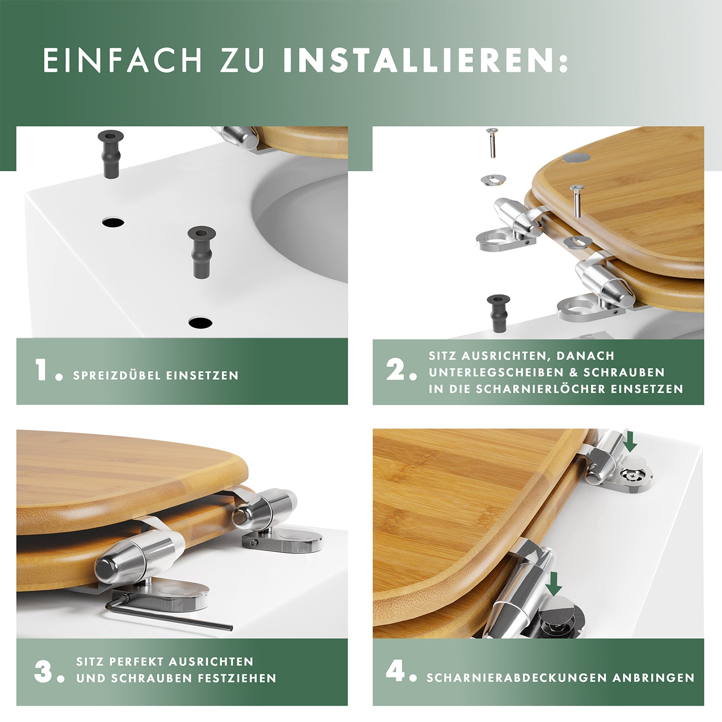 Premium Bambus-WC-Sitz - oval, Montageanleitung mit Zubehör, Scharniere und Befestigung für standardisierte Toiletten.