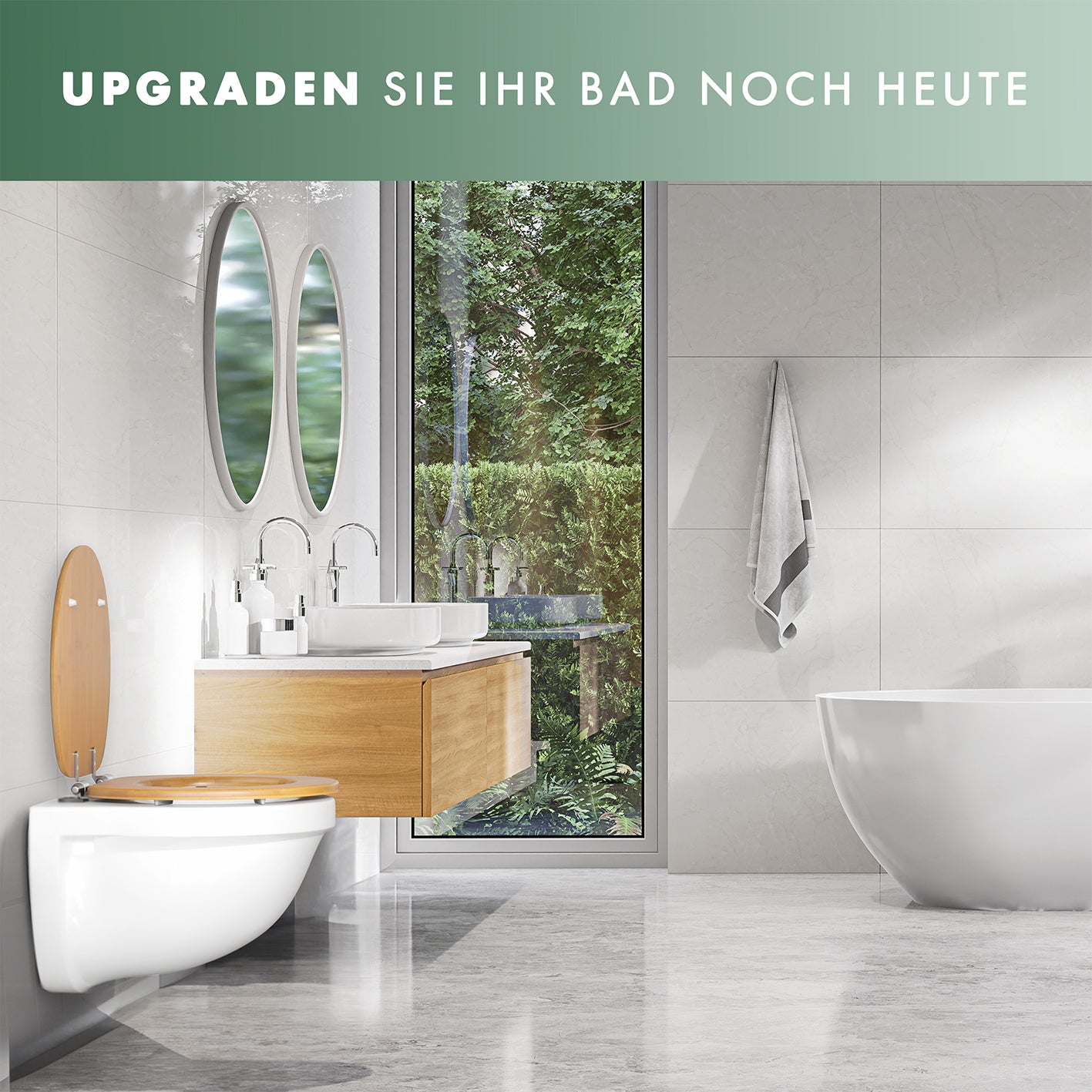 Moderner Badezimmerbereich mit Premium Bambus-WC-Sitz - oval in Holzoptik, absenkautomatik und leicht zu reinigen.