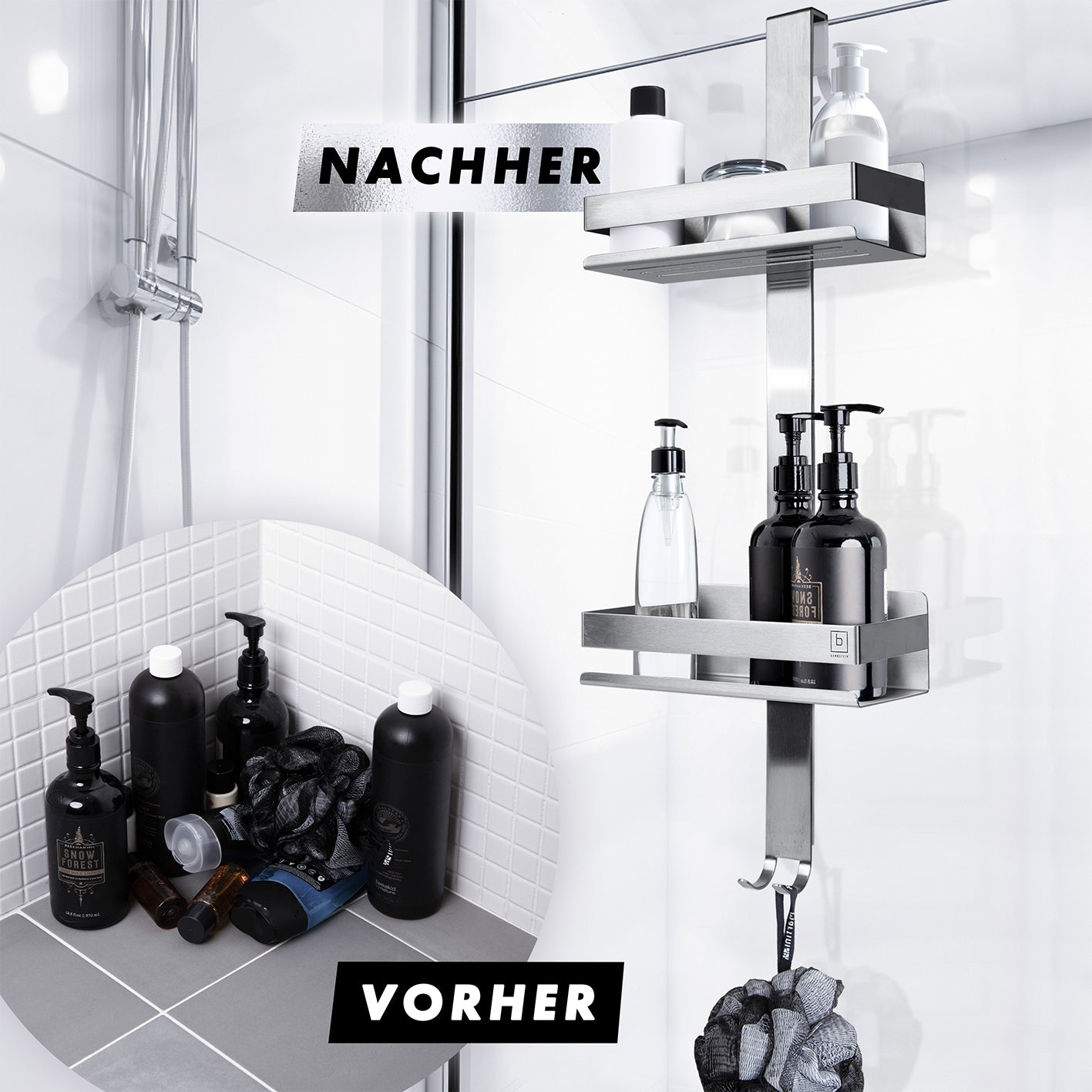 Dusch-Organizer - Edelstahl mit 2 Ablagefächern und 4 Haken zur optimalen Aufbewahrung in rahmenlosen Glasduschen bis 18 mm.