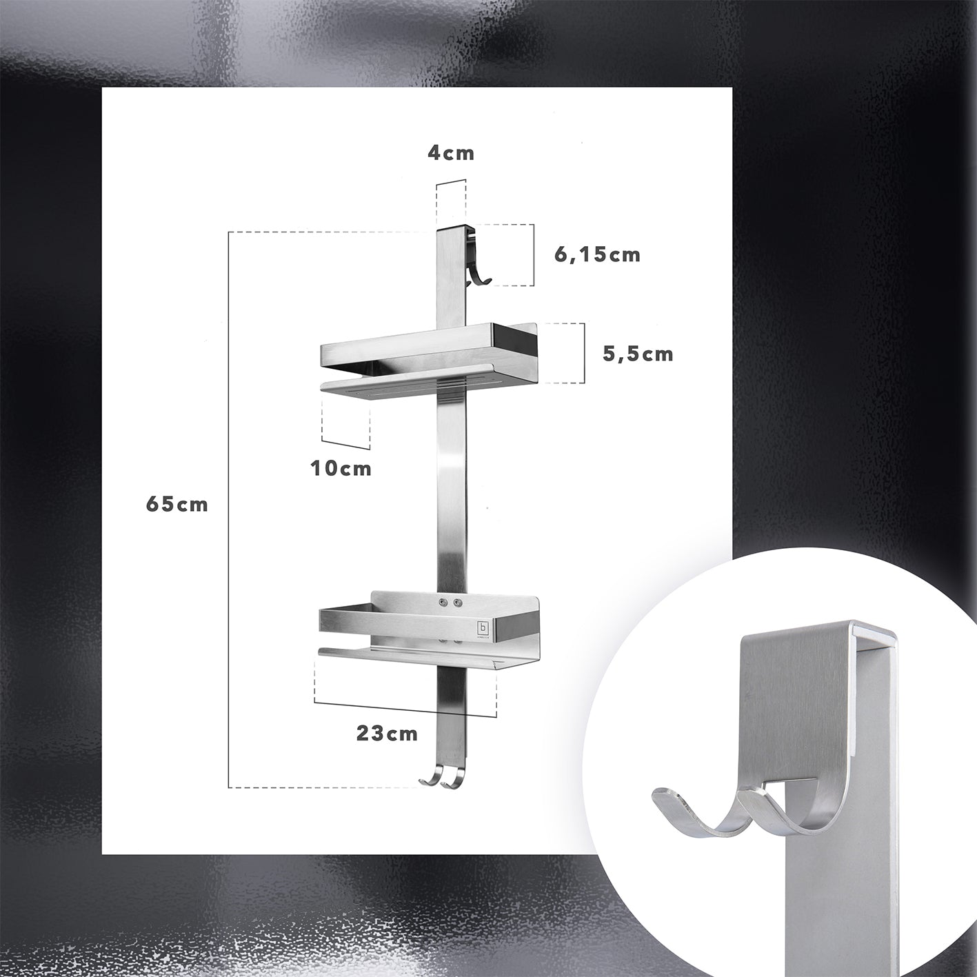Dusch-Organizer - Edelstahl mit 2 Ablagefächern, 4 Haken, passend für rahmenlose Glasduschen bis 18 mm Stärke.