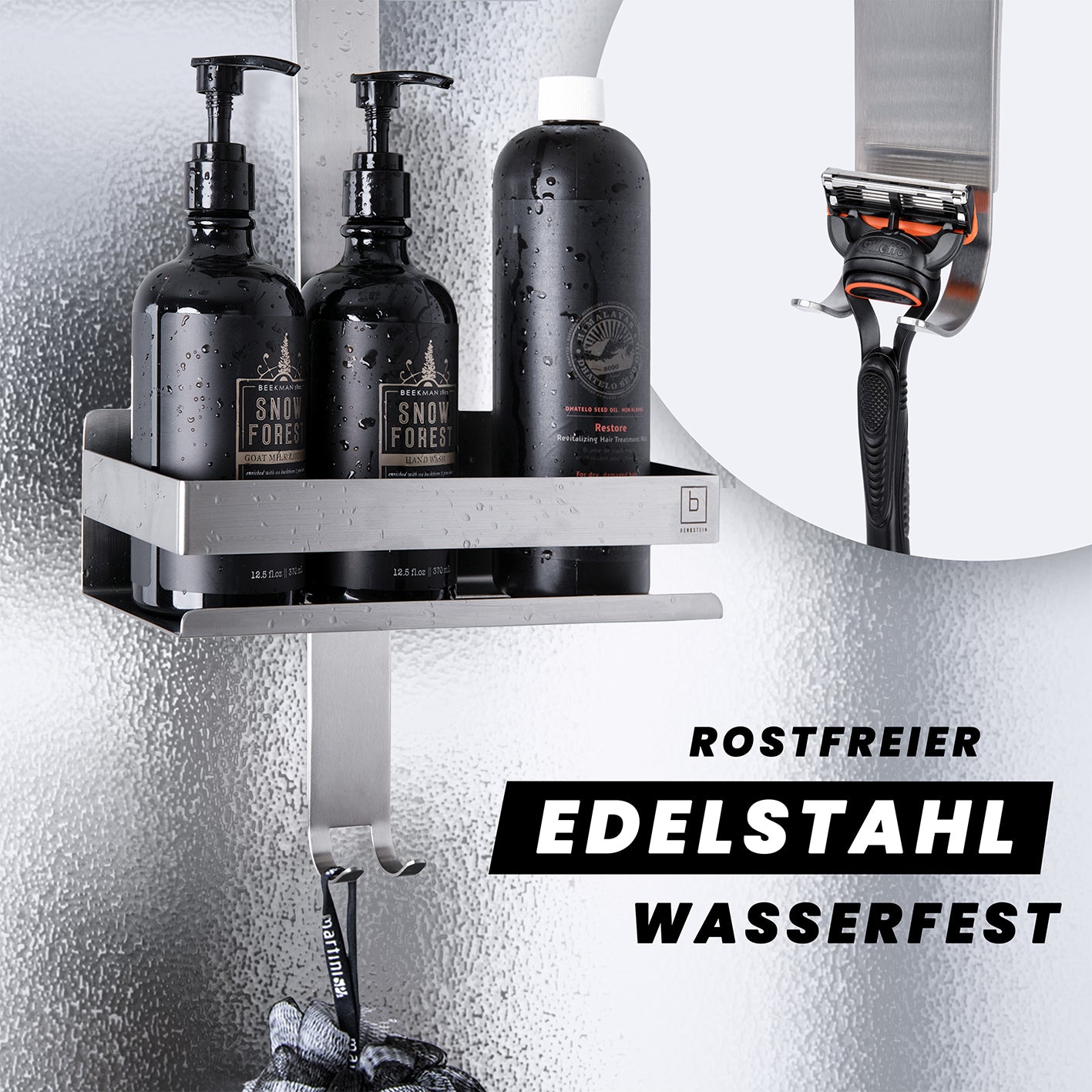 Dusch-Organizer - Edelstahl mit 2 Ablagefächern und 4 Haken, rostfrei, wasserfest, ideal für rahmenlose Glasduschen bis 18 mm.