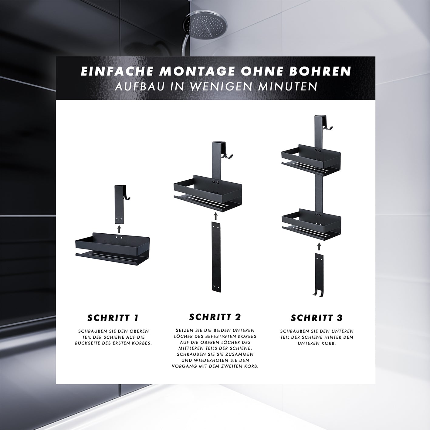 Dusch-Organizer - Schwarz mit 2 Ablagefächern und 4 Haken, einfache Montage ohne Bohren für rahmenlose Glasduschen bis 18 mm.