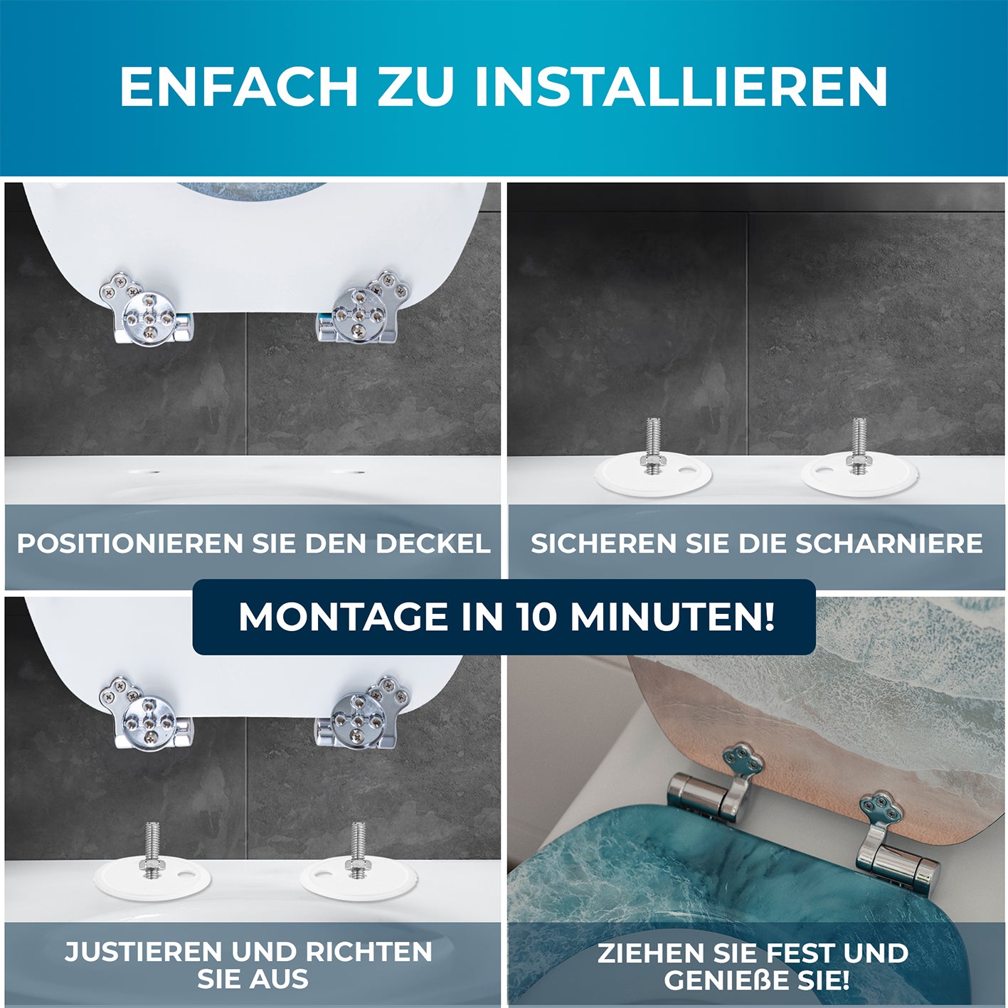 Premium Toilettendeckel oval - Türkis mit einfacher Montage in 10 Minuten und sicherer Scharnierbefestigung für modernes Badezimmer.