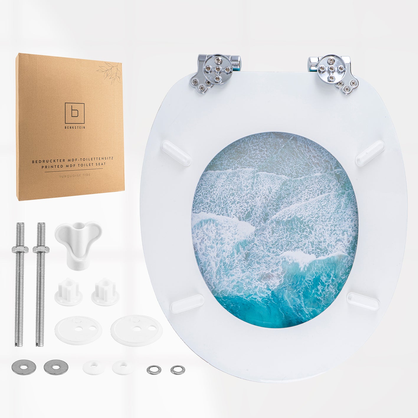 Premium Toilettendeckel oval - Türkis mit Meeresmotiv, stabil, quick-release, doppelte Absenkautomatik, einfache Montage, farbecht und robust.