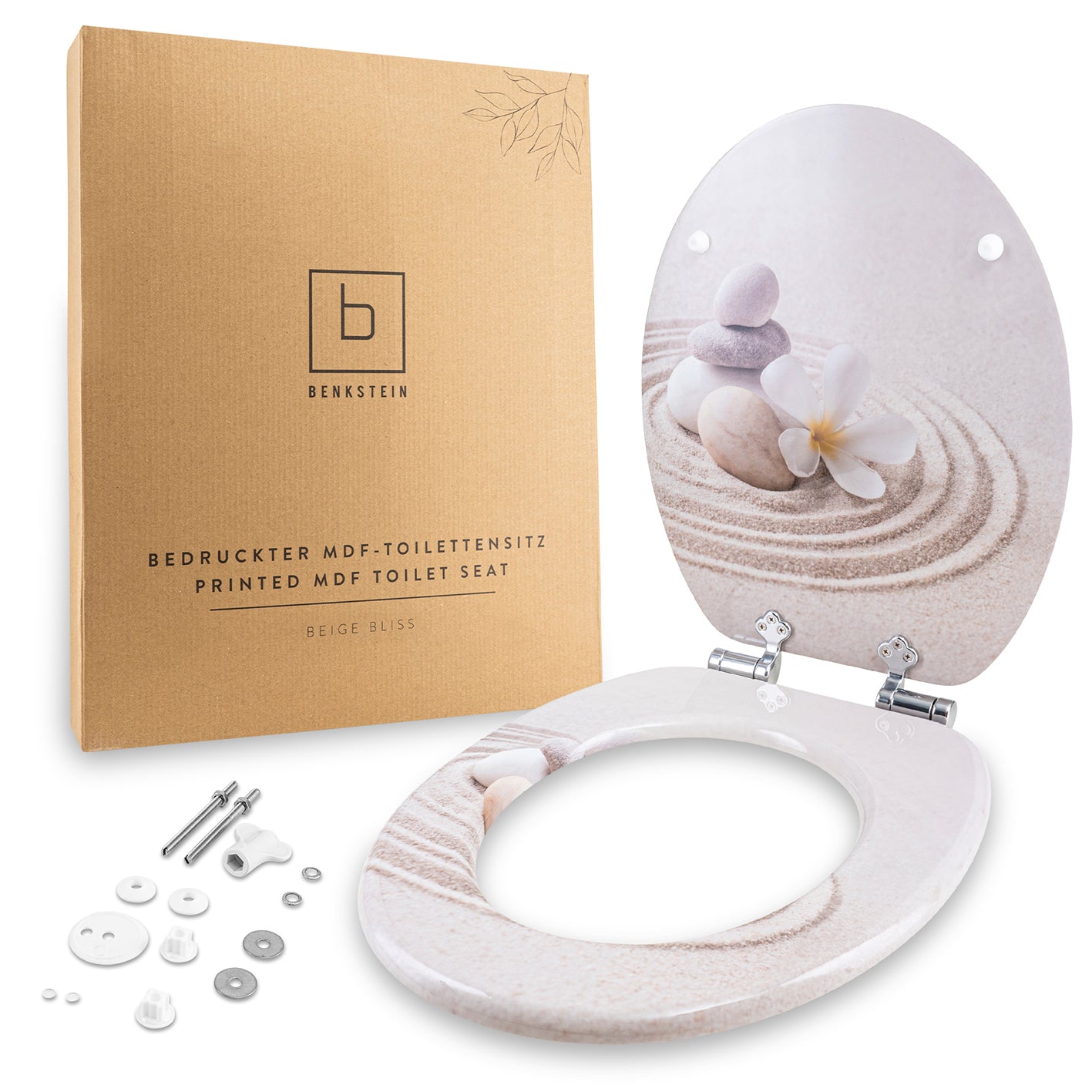 Bedruckter Premium-Toilettendeckel - Beige Bliss mit trendigem Grafikdruck, MDF-Beschichtung und Quick-Release-Funktion für Standardtoiletten.