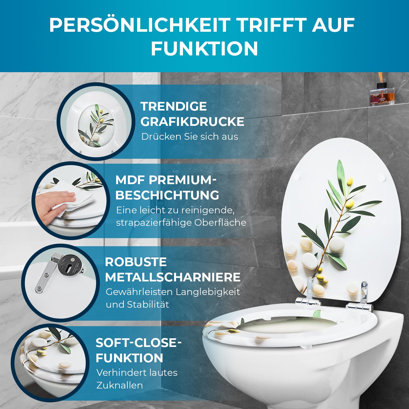 Toilettendeckel - oval - Absenkautomatik - Hellgrau