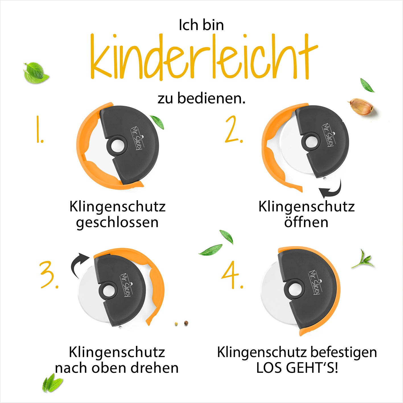 Pizzaschneider Mr. Slicey + Sicherheits-Gummilippe Bedienungsanleitung mit vier Schritten, Galeriebild 9, quadratisch 1417x1417