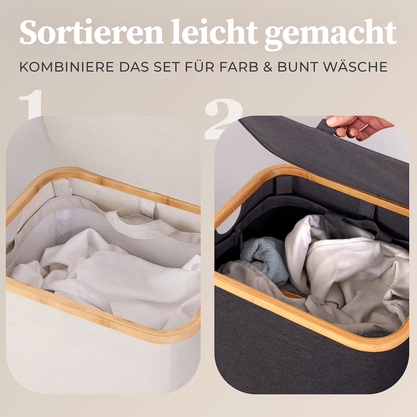 Aufbewahrungskorb "Adrian" 100 l mit Deckel in Beige-Grau, waschbar, klappbar, mit Bambus-Applikation, ideal für geruchsfreie Wäscheaufbewahrung.
