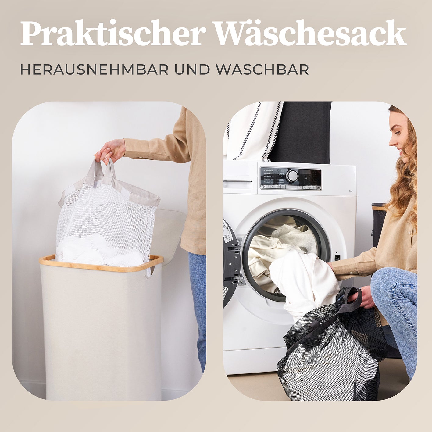 Aufbewahrungskorb "Adrian" 100 l mit Deckel beige-grau, waschbarer und herausnehmbarer Wäschesack mit Bambus-Applikation.