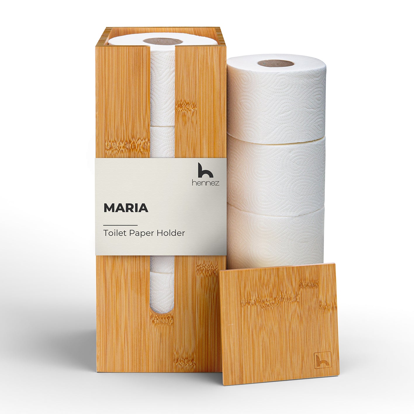 Toilettenpapier-Aufbewahrung "Maria" - Bambus, nachhaltiger, platzsparender WC-Rollenhalter mit Deckel für bis zu 4 Rollen.