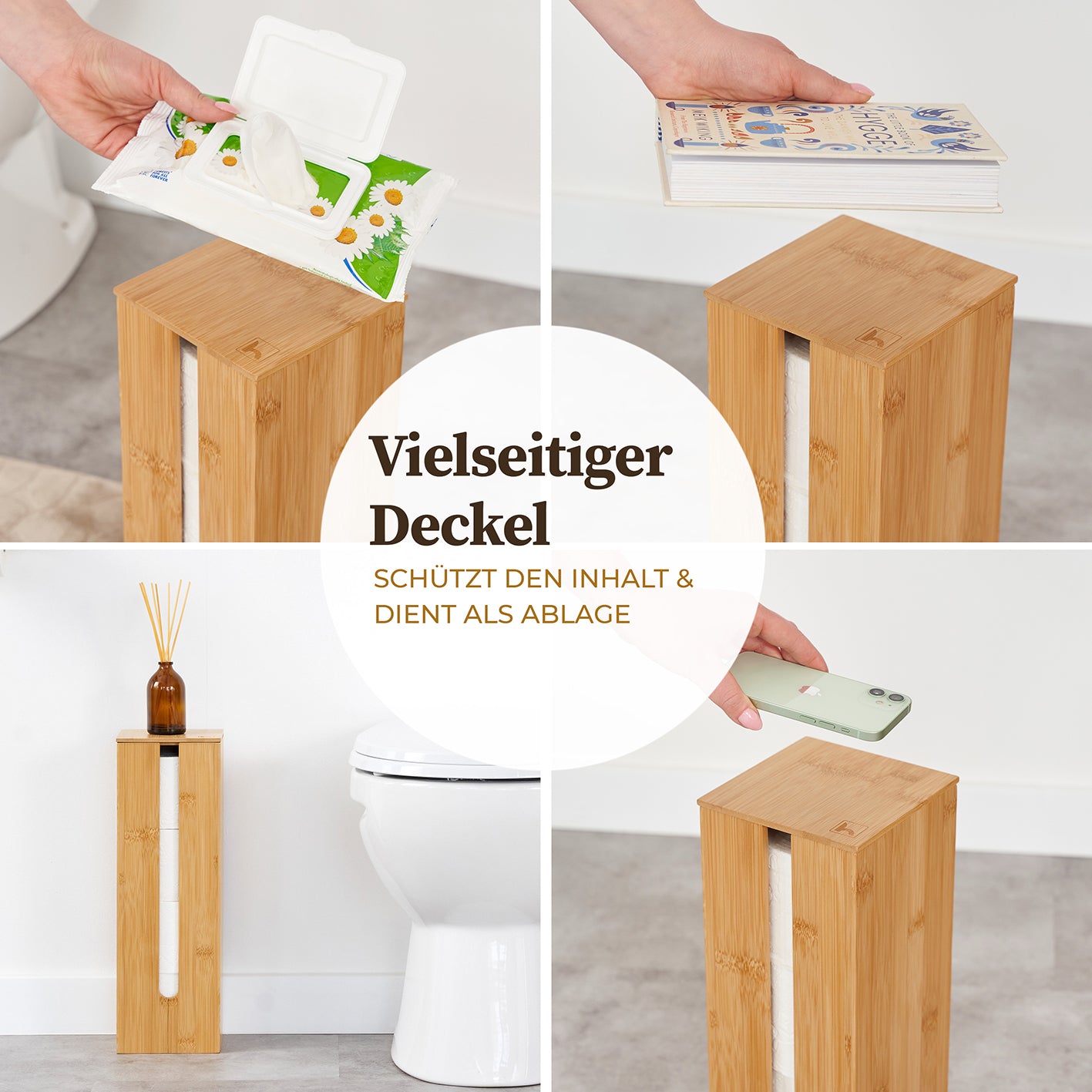 Toilettenpapier-Aufbewahrung "Maria" - Bambus mit vielseitigem Deckel schützt Inhalt und dient als praktische Ablage im Bad.