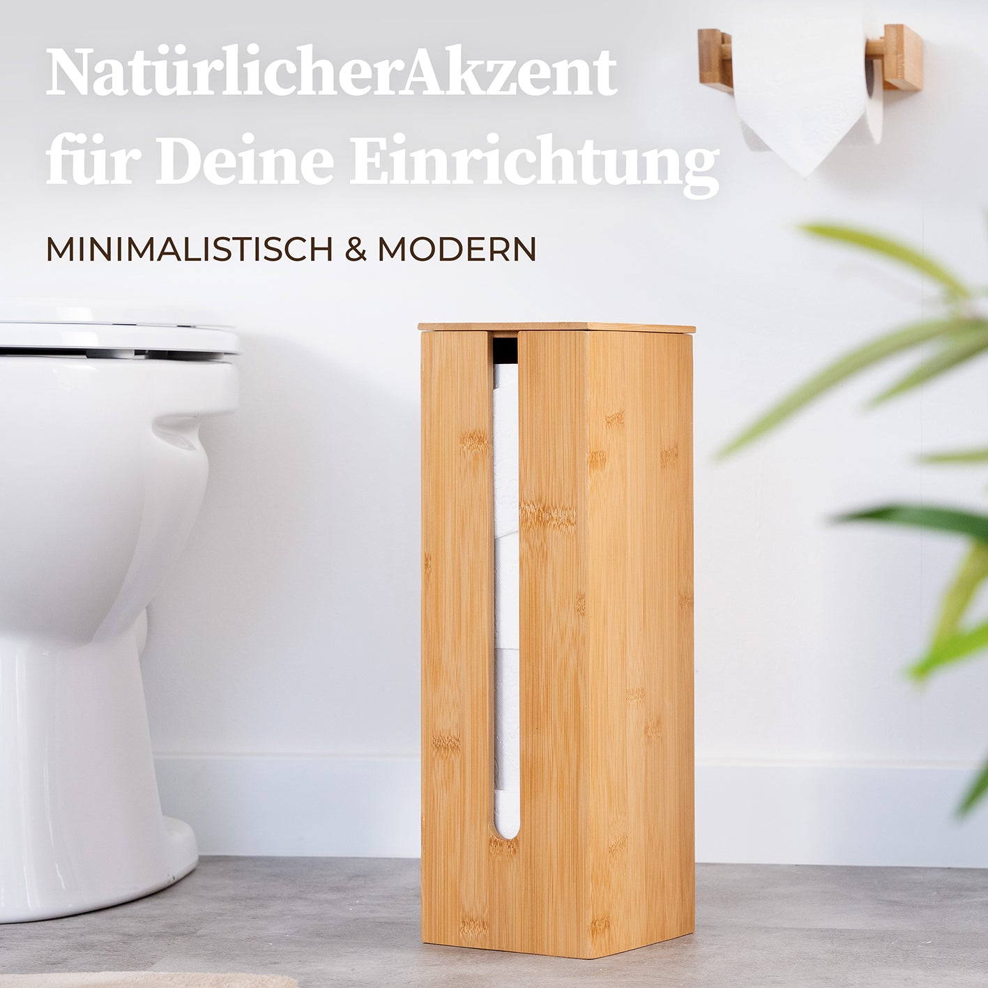 Toilettenpapier-Aufbewahrung "Maria" - Bambus als stilvolle, nachhaltige WC-Rollen-Aufbewahrung für bis zu vier Rollen mit praktischem Griff.