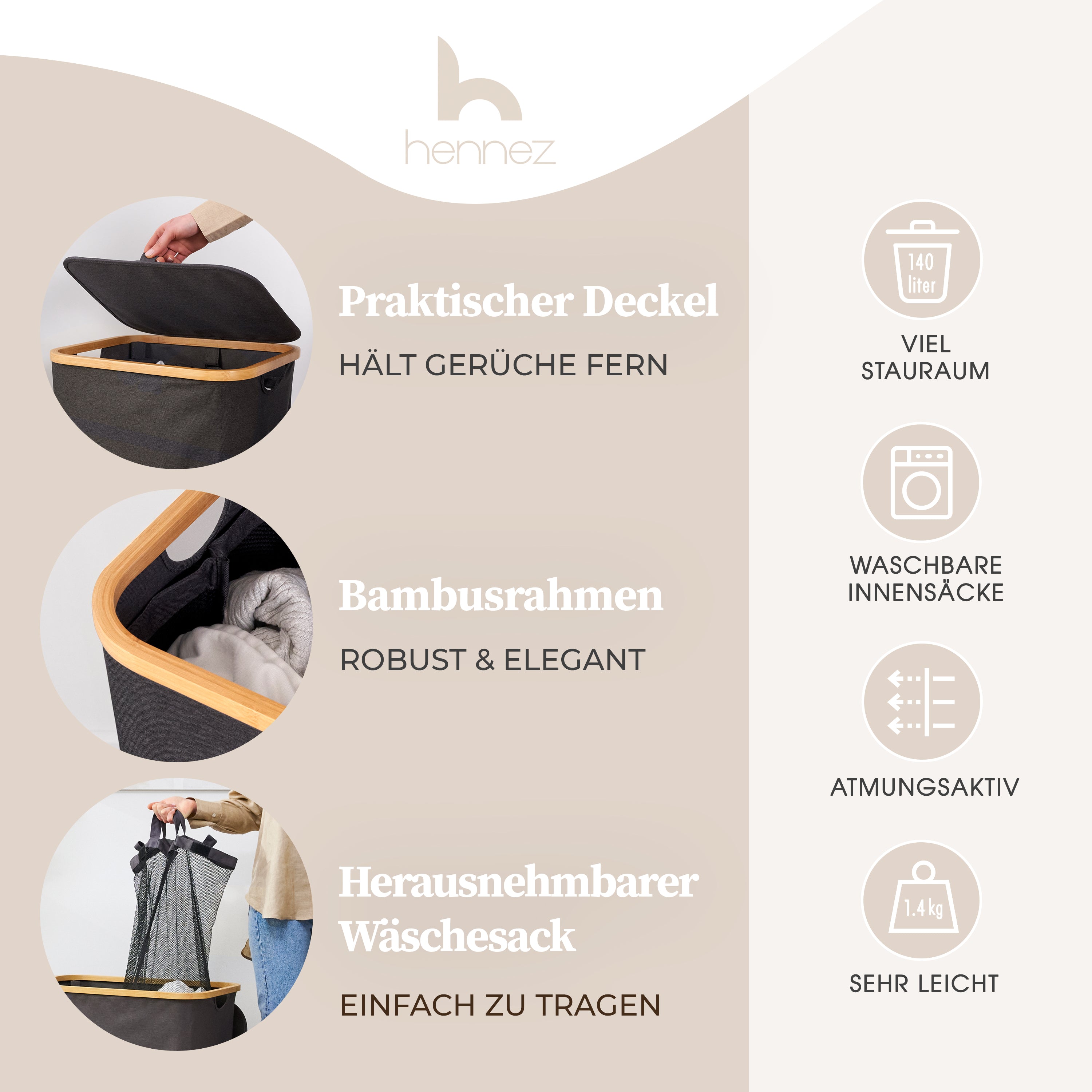 Aufbewahrungskorb "Adrian" 140 l mit Deckel in Dunkelgrau, mit Bambusrahmen, waschbarem Innensack und praktischem Deckel.