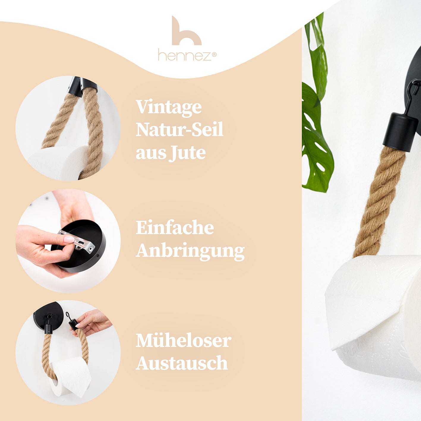 Toilettenpapierhalter - Mattschwarz mit Vintage-Juteseil, einfache Montage und müheloser Papierrollenwechsel im minimalistischen Design.