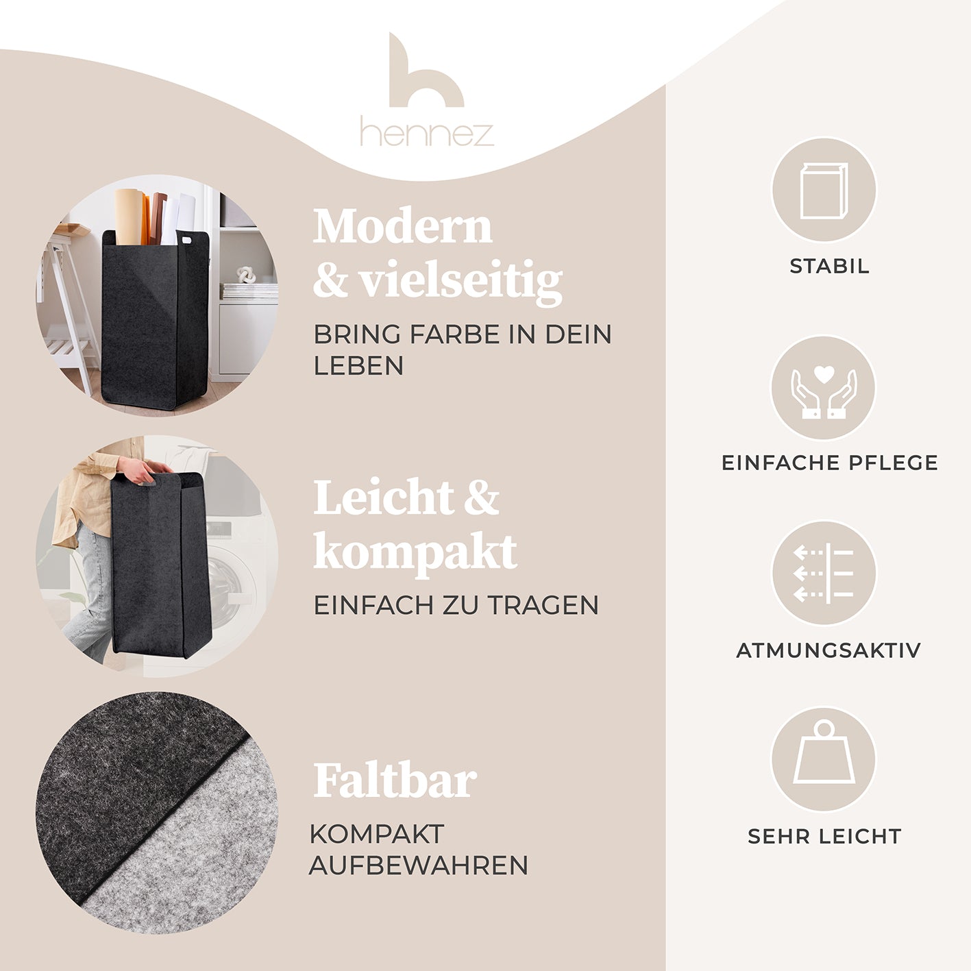 Filz-Aufbewahrungskorb "Katy" 80 l Dunkelgrau, stabil, faltbar, leicht, atmungsaktiv, praktischer Wäschesammler und Aufbewahrungskorb.