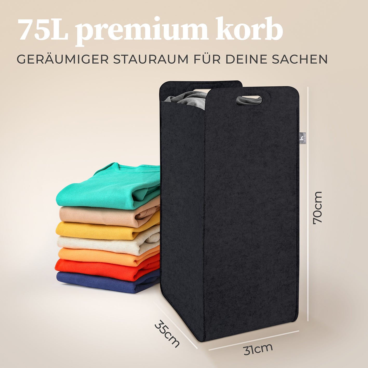 Filz-Aufbewahrungskorb "Katy" 80 l Dunkelgrau, großer faltbarer Wäschesammler mit Griffen, platzsparend und vielseitig einsetzbar.