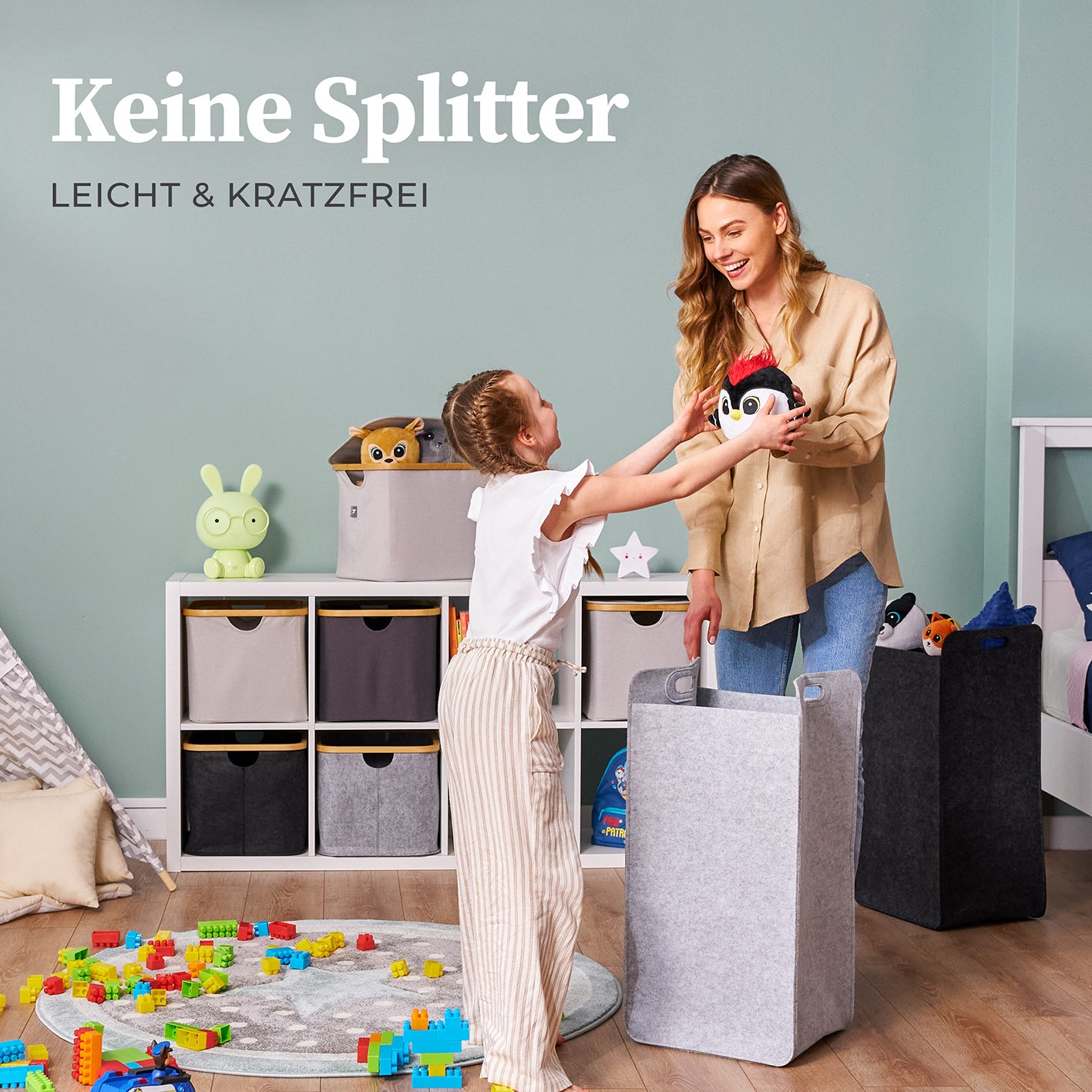 Filz-Aufbewahrungskorb "Katy" 80 l Dunkelgrau, großer faltbarer Wäschesammler mit Griffen, ideal für Kinderzimmer und Spielzeugaufbewahrung.