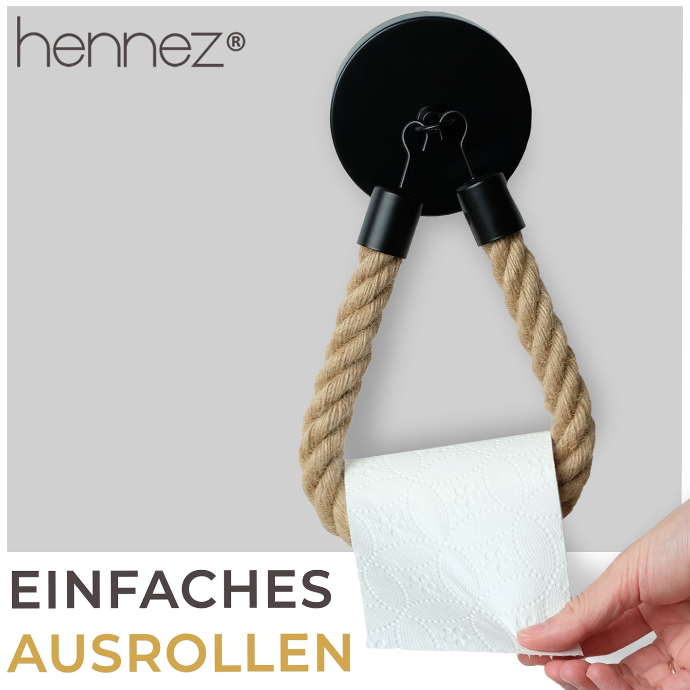 Toilettenpapierhalter ohne Bohren - Mattschwarz mit Jutekordel, stilvoll und ohne Bohren einfach an glatten Wänden anzubringen
