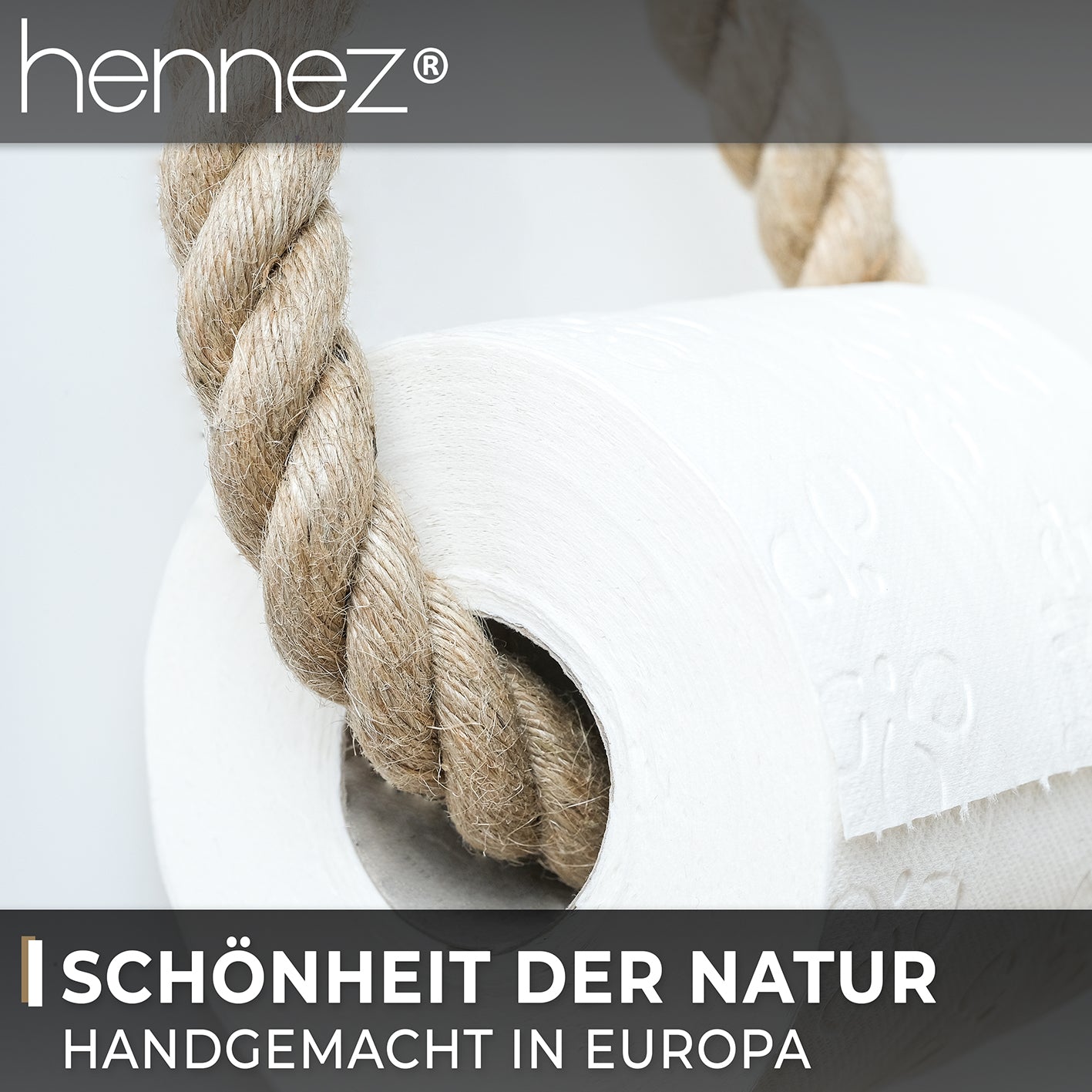 Toilettenpapierhalter ohne Bohren - Mattschwarz mit natürlicher Jute, handgefertigt, stilvoll für modernes Badezimmer ohne Bohren.