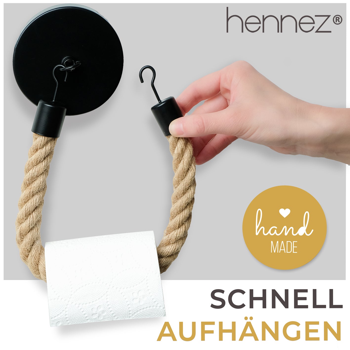 Toilettenpapierhalter ohne Bohren - Mattschwarz mit natürlicher Jute, einfach zu montieren ohne Bohren, stylisch und funktional fürs Bad.