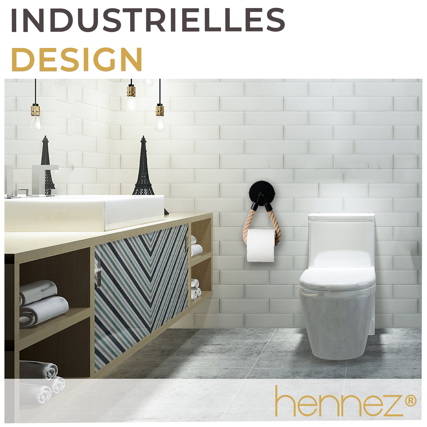 Moderner Badezimmer mit Toilettenpapierhalter ohne Bohren - Mattschwarz, Metallplatte und Jutekordel im industriellen Stil angebracht.