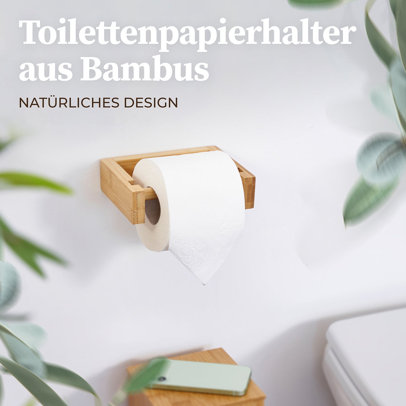 Moderner Toilettenpapierhalter Bambus mit natürlichem Design, einfache Montage ohne Bohren für stilvolles Badezimmerambiente.
