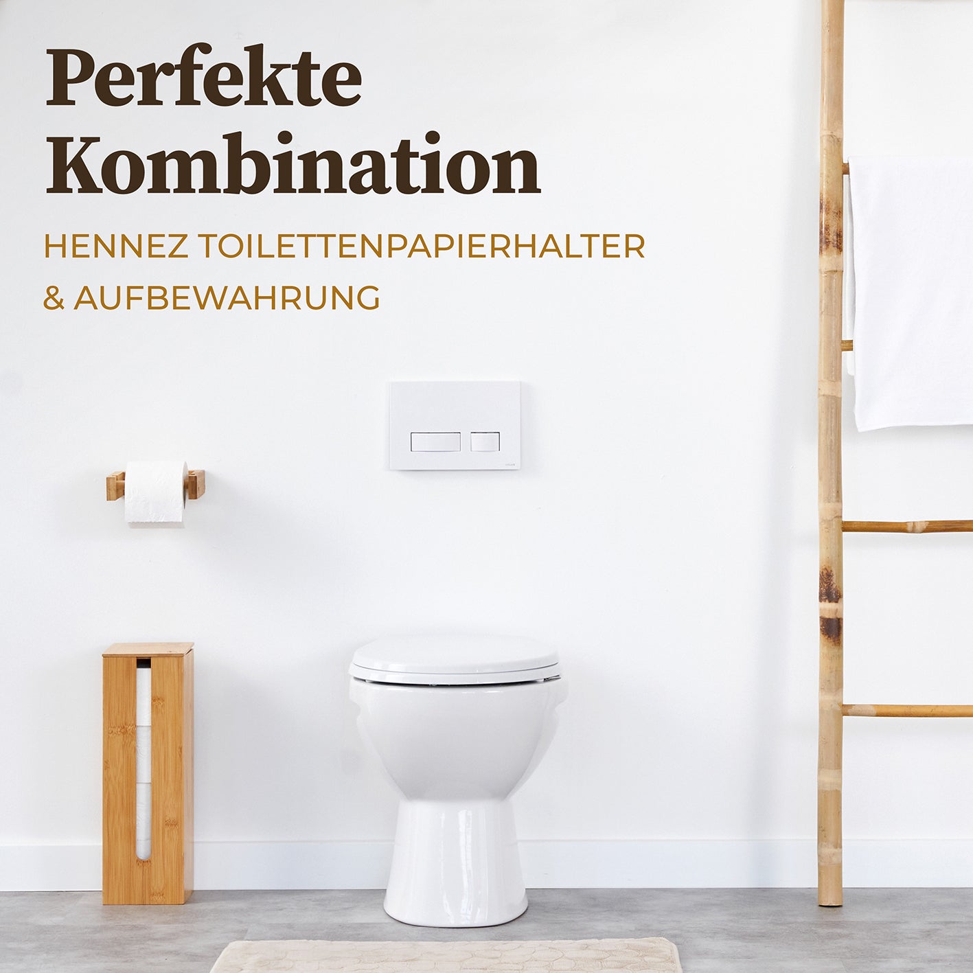 Toilettenpapierhalter Bambus mit praktischem Aufbewahrungselement für modernes, nachhaltiges Badezimmer im eleganten Bambus-Design.