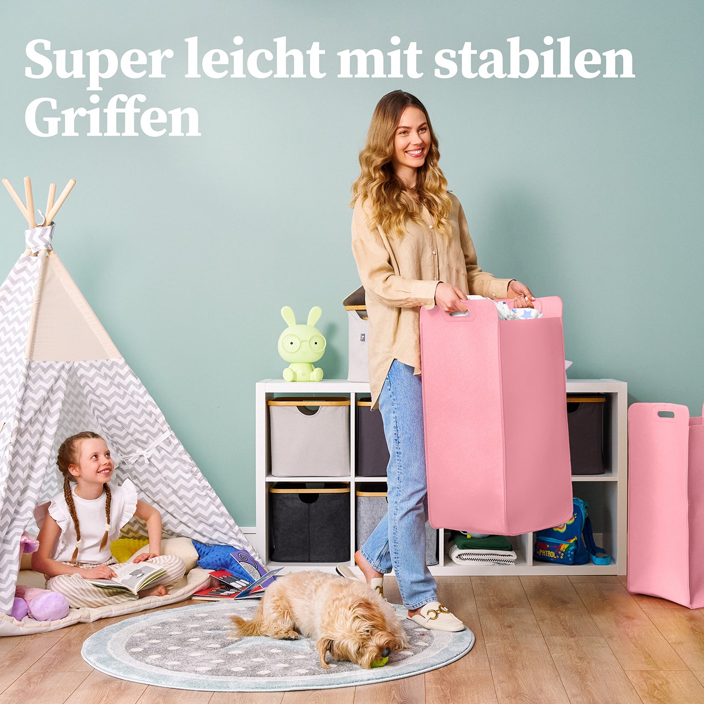Filz-Aufbewahrungskorb "Katy" 75 l Rosa, großer faltbarer Wäschesammler mit stabilen Griffen und viel Stauraum für Zuhause.