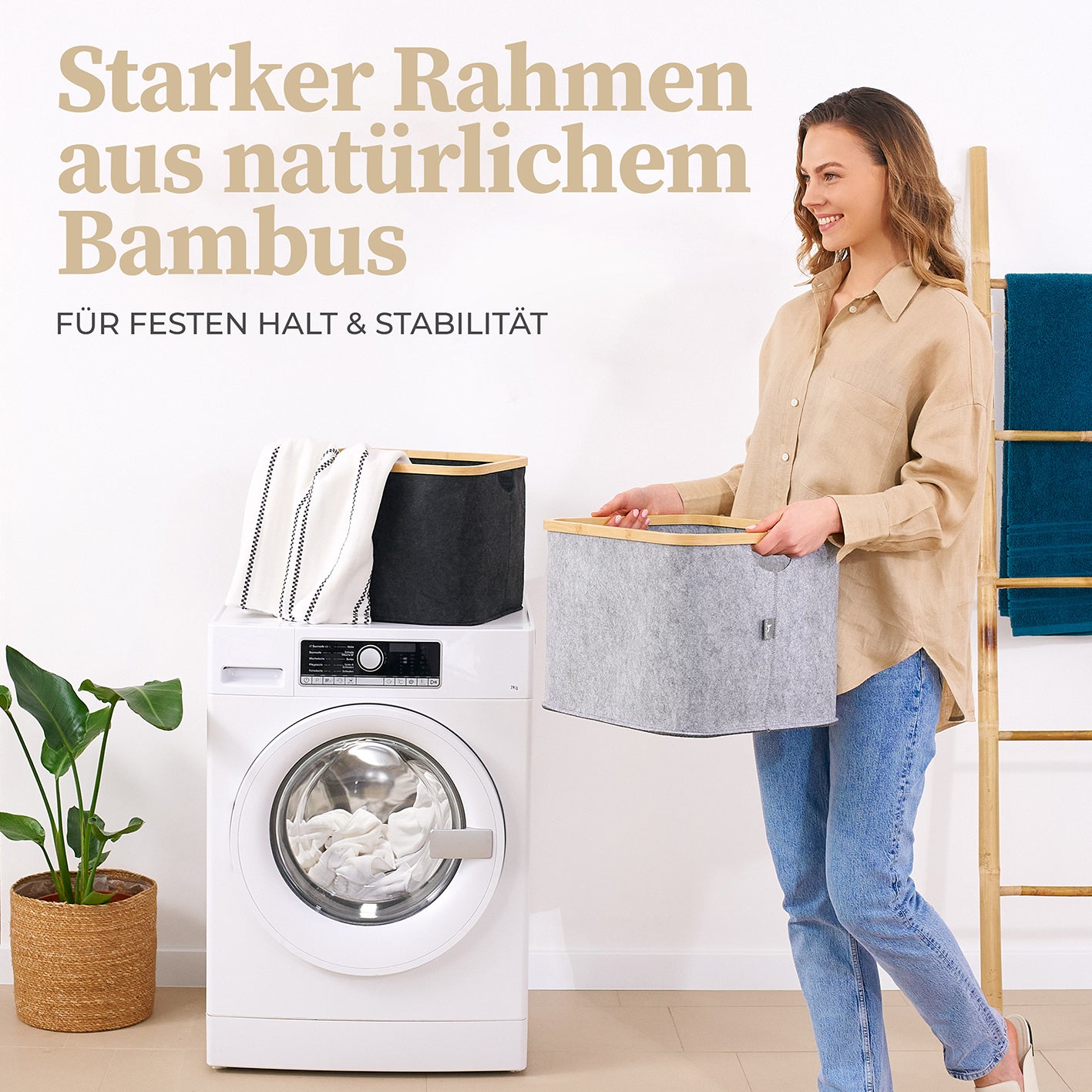 Aufbewahrungskorb "Laura" 40 l - Hellgrau mit stabilem Bambusrahmen, perfekt für Wäsche, Wohnzimmer und vielseitige Nutzung.