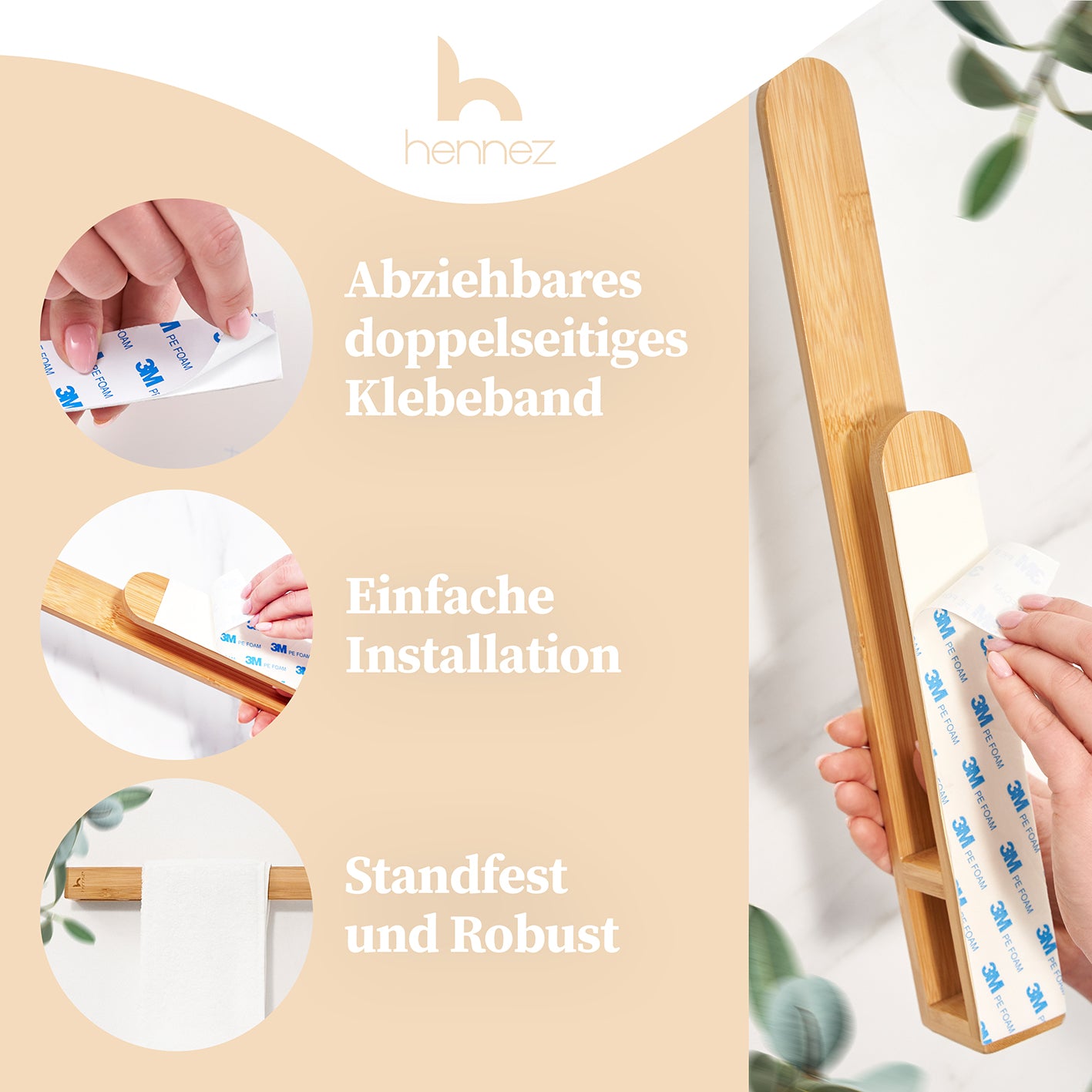 Handtuchhalter Bambus mit 3M Klebeband zur einfachen Montage, platzsparend, robust und nachhaltiges Design für Bad und Küche.