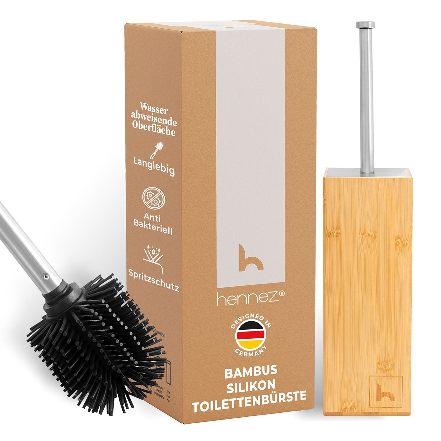 Toilettenbürste Silikon - Bambus Bürstenhalter mit antibakteriellem Silikonkopf und langlebigem Bambusdesign, schnell trocknend und modern.