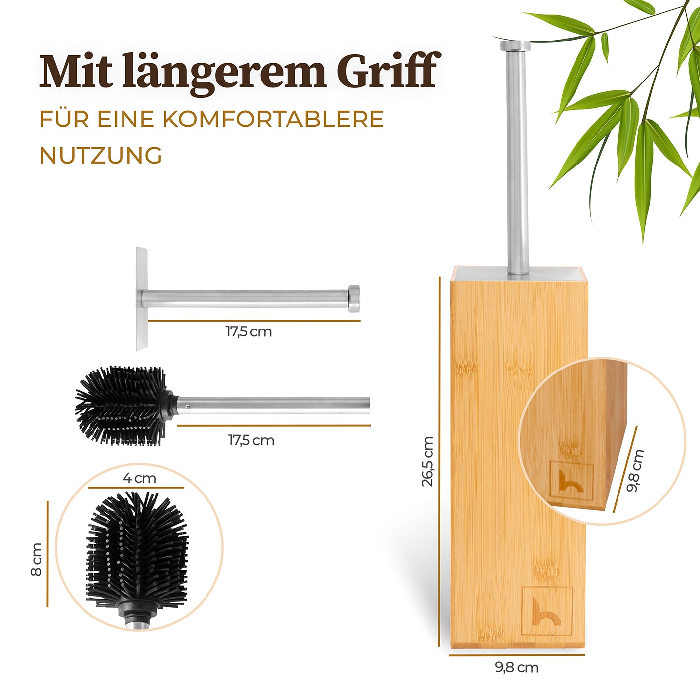 Toilettenbürste Silikon - Bambus Bürstenhalter mit selbstreinigendem Bürstenkopf und schnelltrocknendem Bambus Halter, modernes Design.