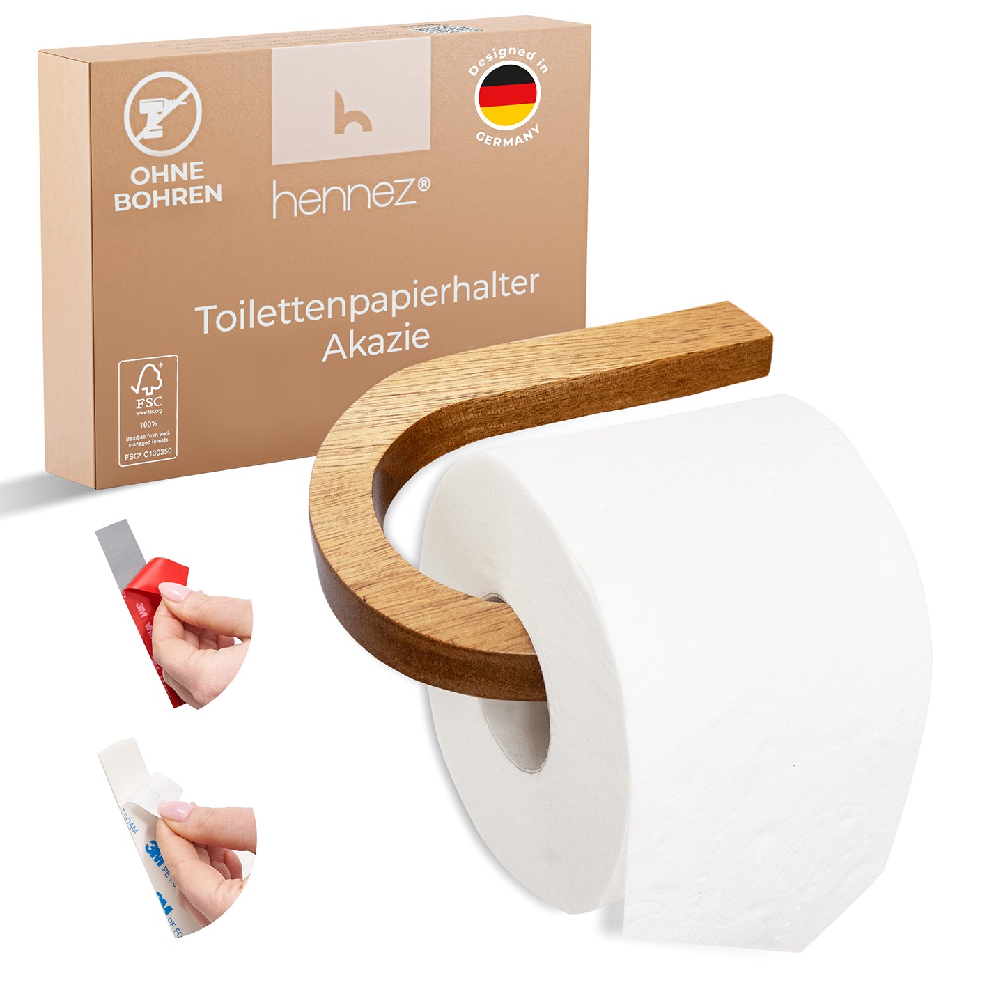 Toilettenpapierhalter ohne Bohren - Akazie aus nachhaltigem Holz mit selbstklebender Montage und modernem minimalistischen Design