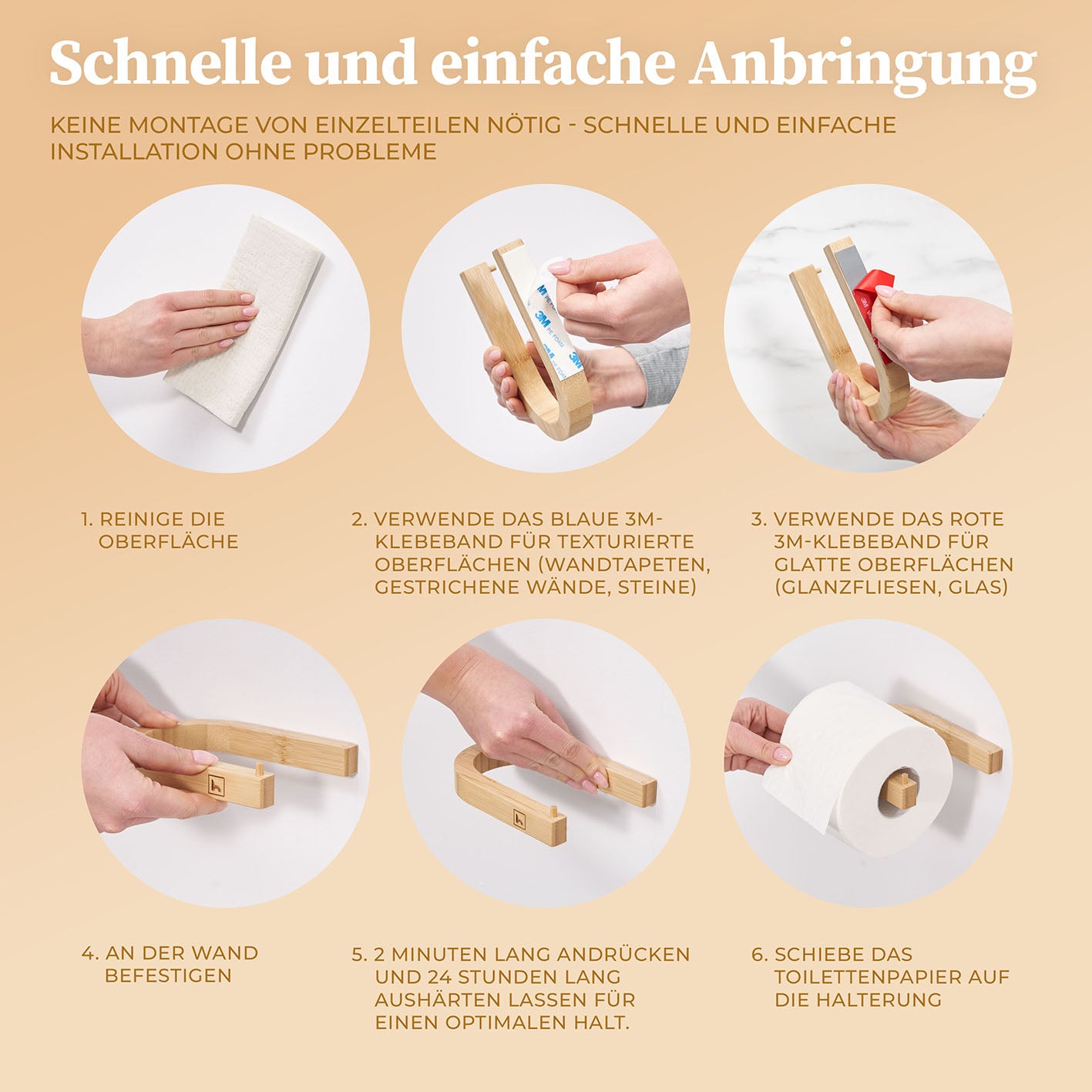 Toilettenpapierhalter ohne Bohren - Akazie mit leichter Montage durch selbstklebende Bänder für festen Halt auf allen Oberflächen.