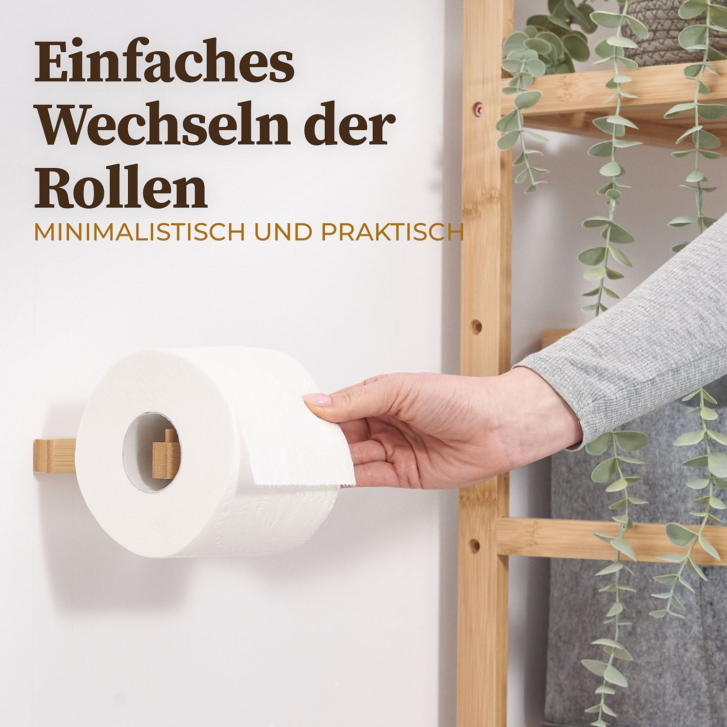 Toilettenpapierhalter ohne Bohren - Akazie mit minimalistischem Design für einfaches Rollenwechseln und praktische Nutzung im modernen Bad.
